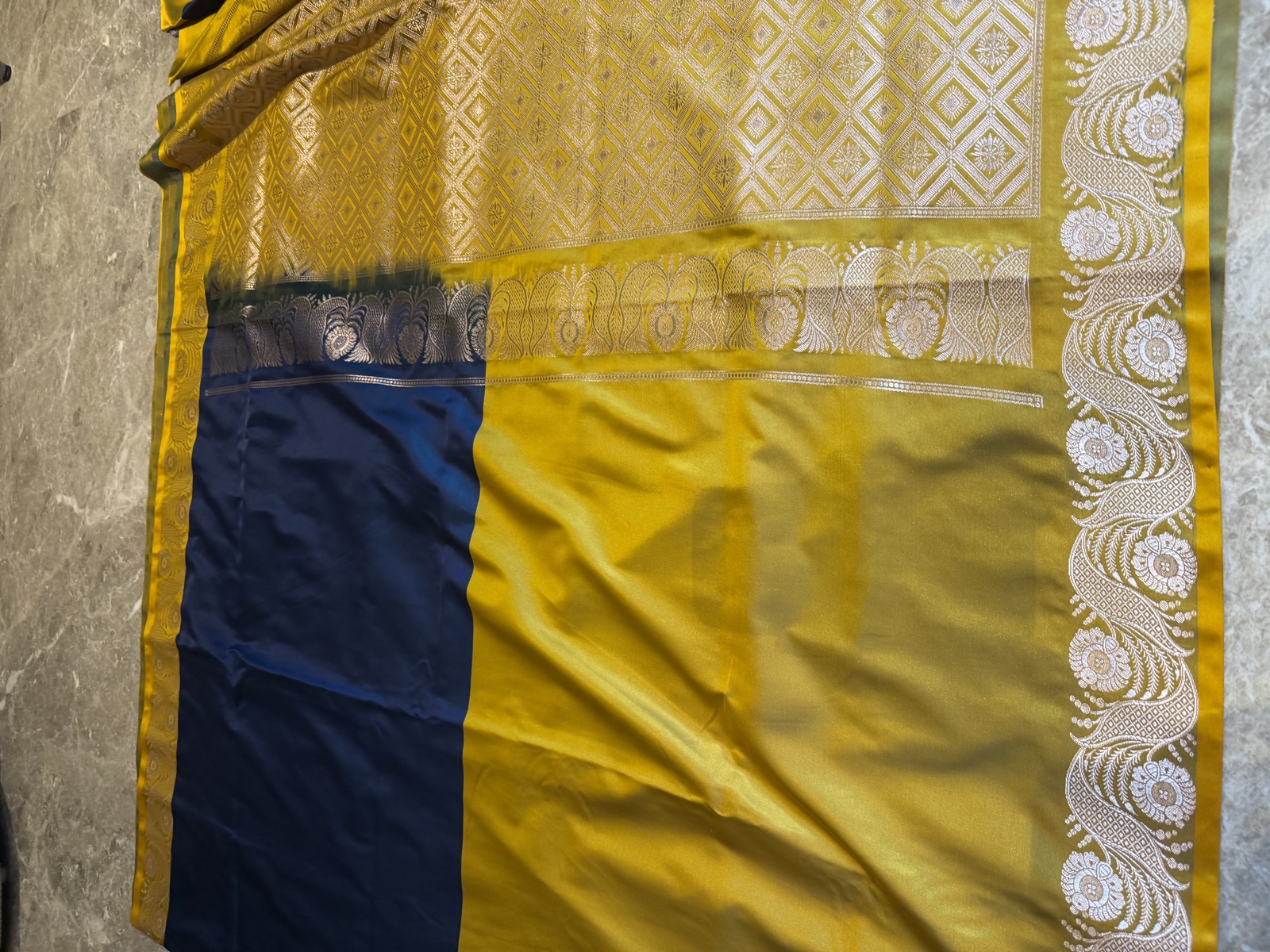 Mustard & Navy Colour-Blocked Mushroo Silk Banarasi Saree — Banarasi, Mushroo Silk, Varanasi, Uttar Pradesh, view 9