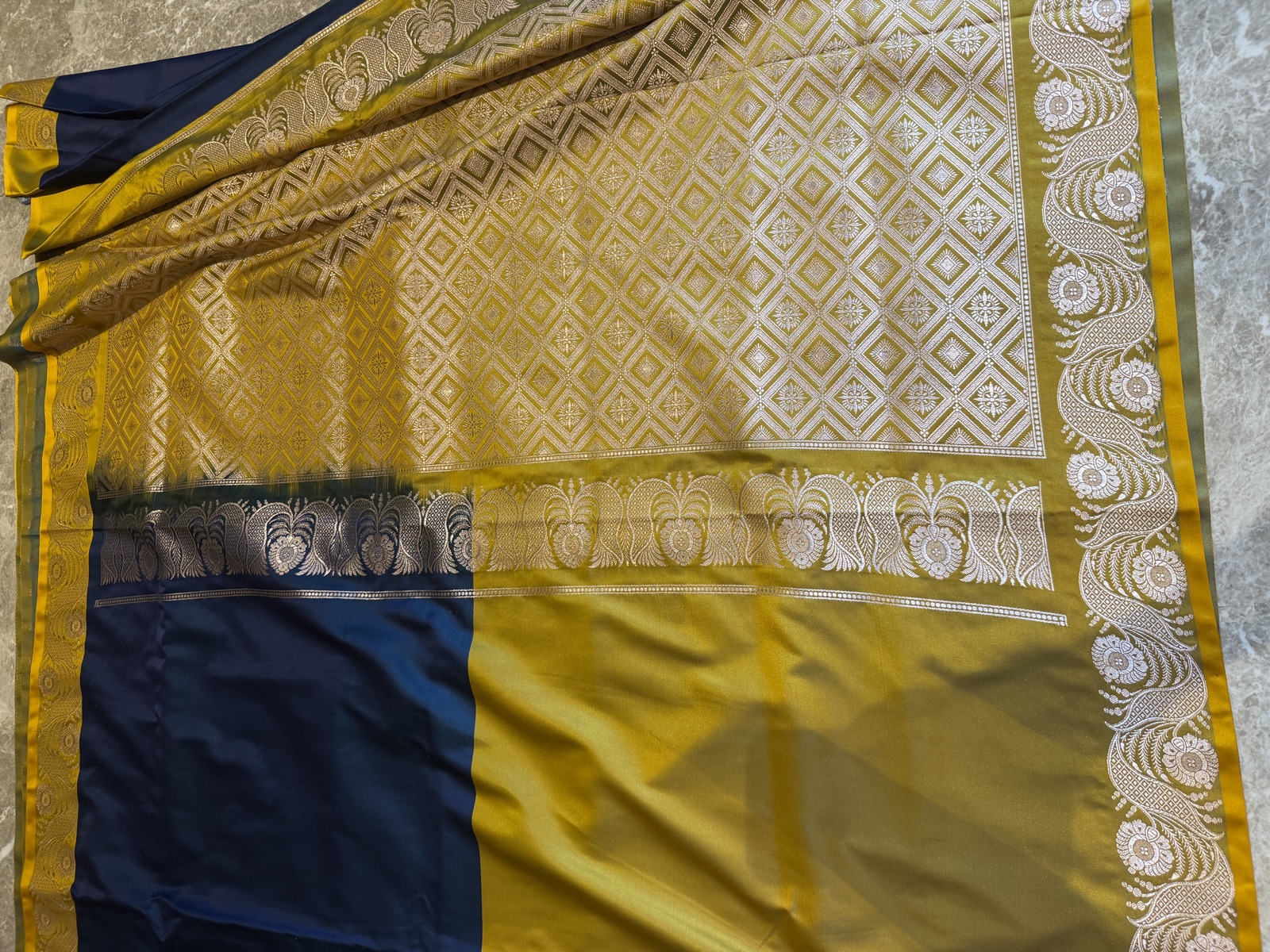 Mustard & Navy Colour-Blocked Mushroo Silk Banarasi Saree — Banarasi, Mushroo Silk, Varanasi, Uttar Pradesh, view 11