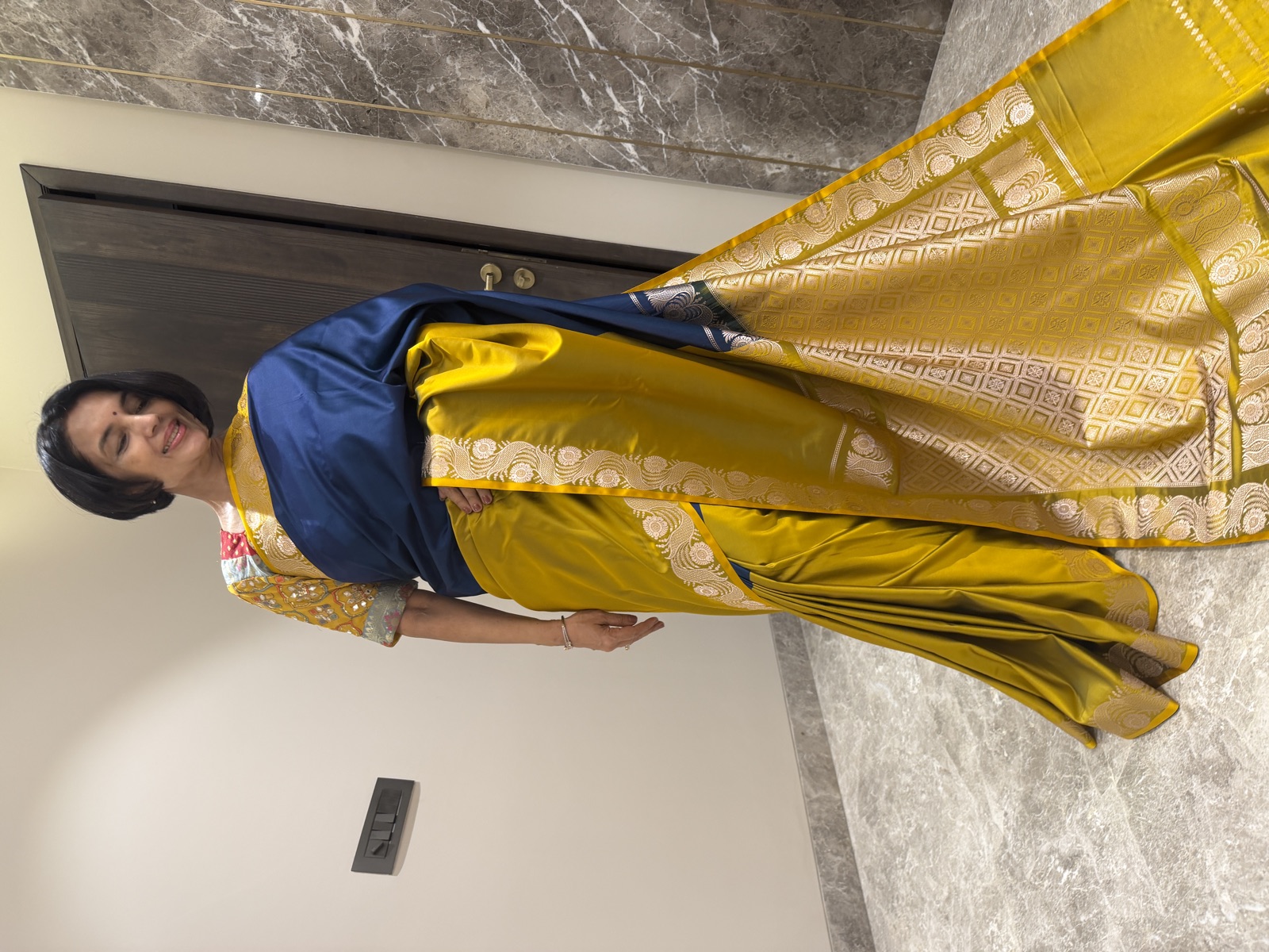Mustard & Navy Colour-Blocked Mushroo Silk Banarasi Saree — Banarasi, Mushroo Silk, Varanasi, Uttar Pradesh