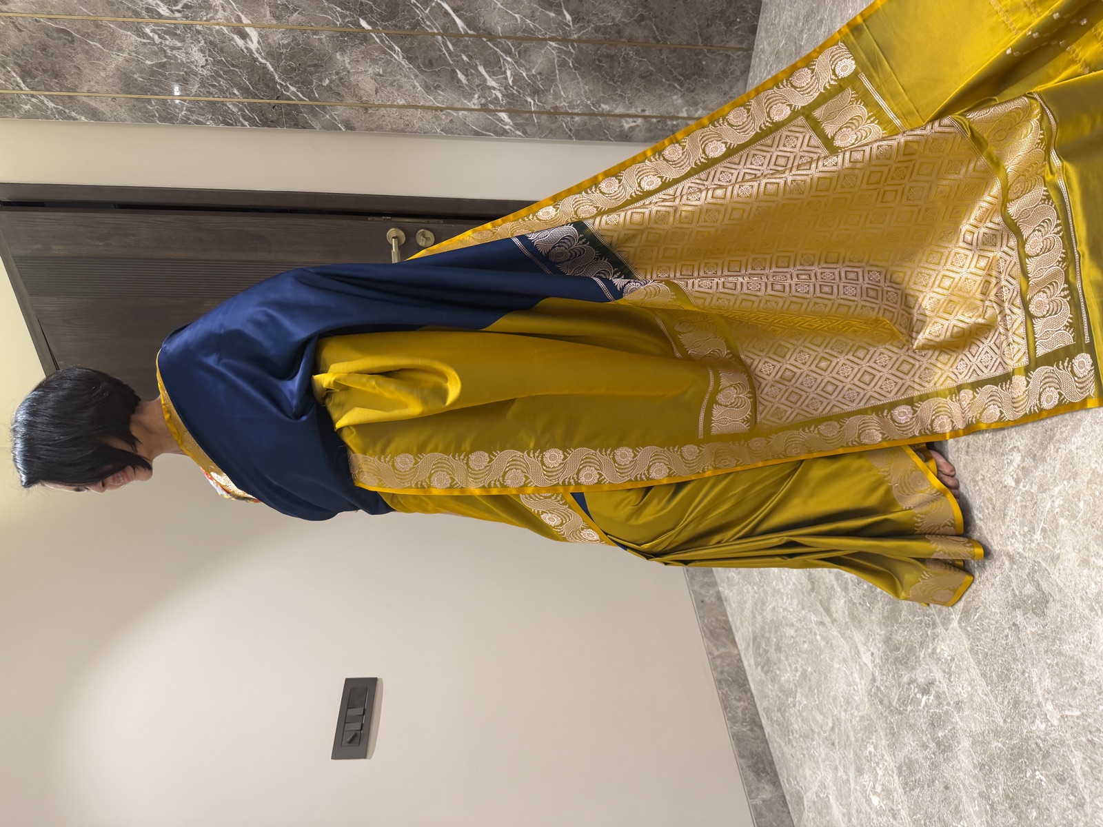 Mustard & Navy Colour-Blocked Mushroo Silk Banarasi Saree — Banarasi, Mushroo Silk, Varanasi, Uttar Pradesh, view 2