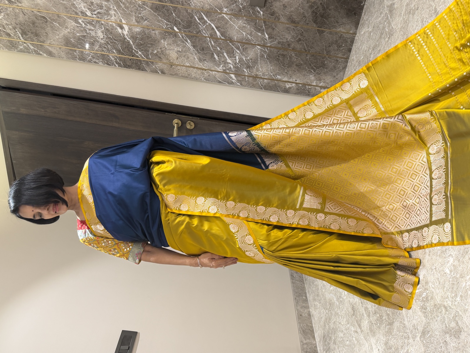 Mustard & Navy Colour-Blocked Mushroo Silk Banarasi Saree — Banarasi, Mushroo Silk, Varanasi, Uttar Pradesh, view 6