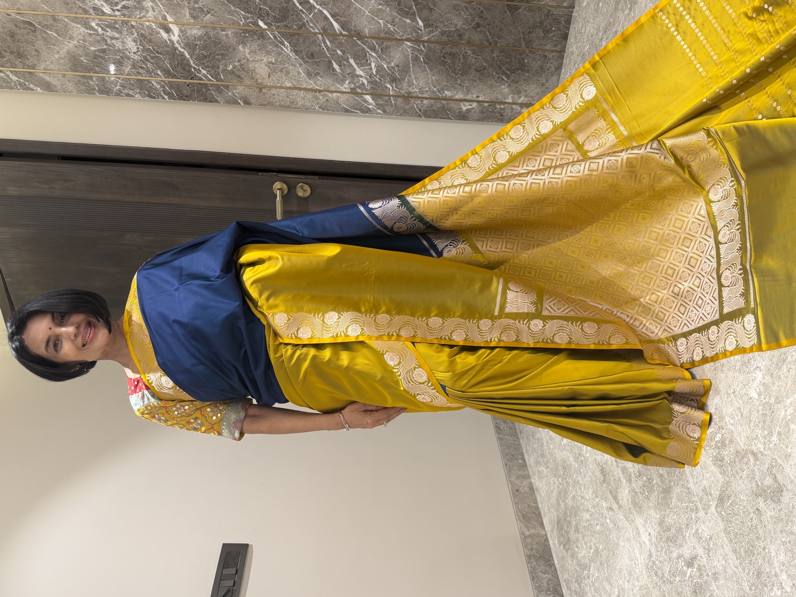 Mustard & Navy Colour-Blocked Mushroo Silk Banarasi Saree — Banarasi, Mushroo Silk, Varanasi, Uttar Pradesh, view 7