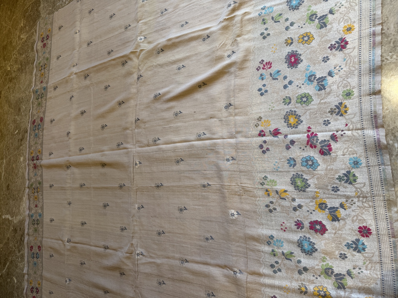 Natural Dyeable Tussar Khaddi Georgette Unstitched Fabric with Floral Border — Tussar Khaddi Georgette, Varanasi, Uttar Pradesh