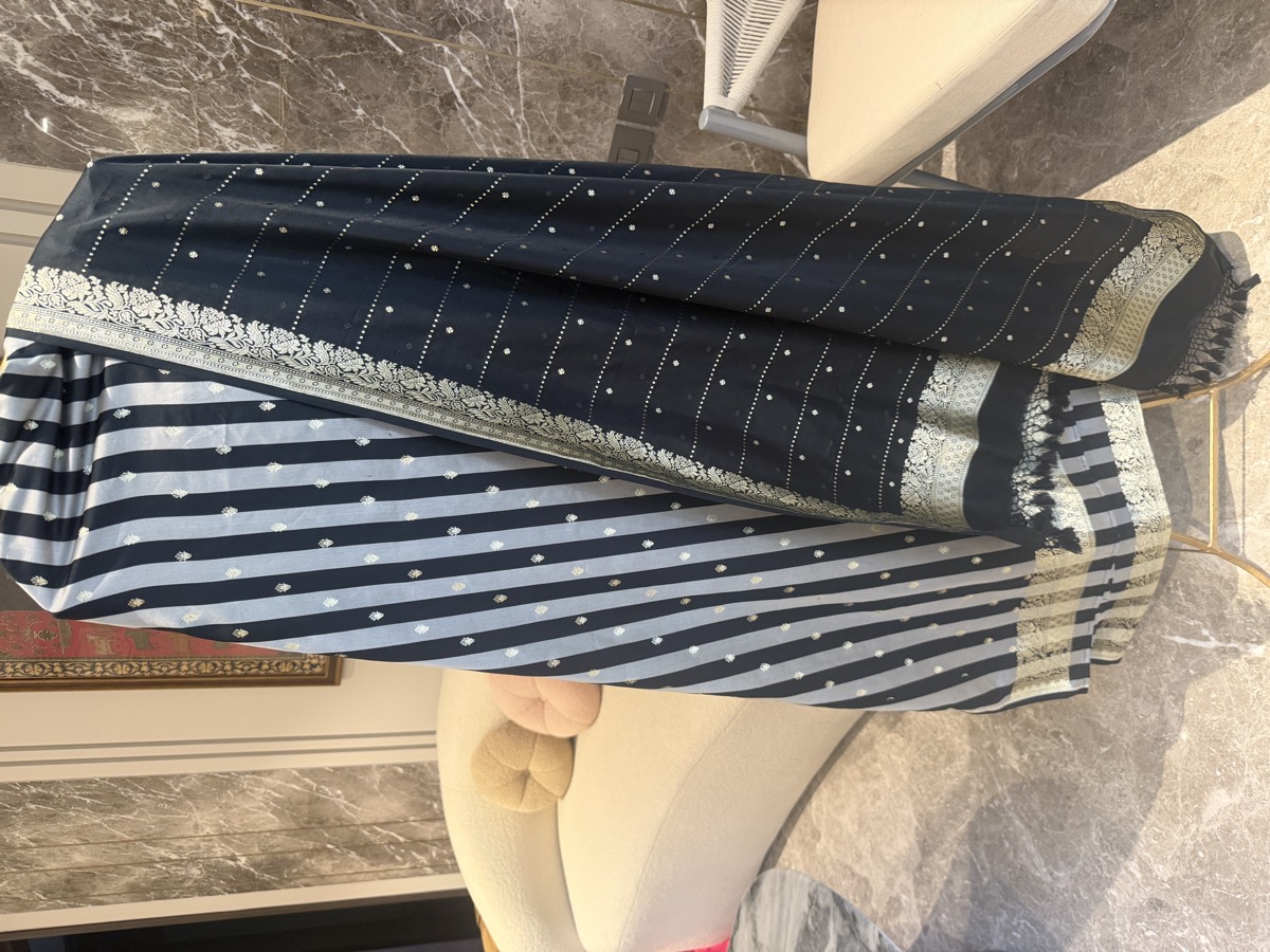 Black & Silver Mushroo Satin Striped Unstitched Suit Set — Mushroo Satin, India, view 3