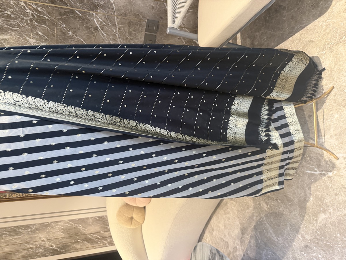 Black & Silver Mushroo Satin Striped Unstitched Suit Set — Mushroo Satin, India, view 2