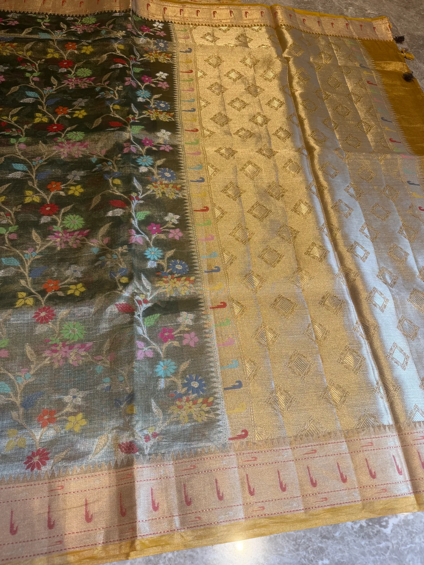 Olive Gold Double Tissue Kota Doria Saree with Muniya Border — Kota Doria, Double Tissue Kota Doria, view 8