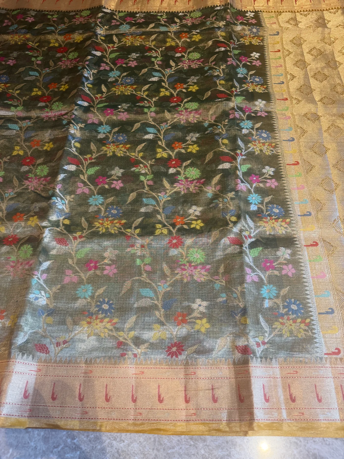 Olive Gold Double Tissue Kota Doria Saree with Muniya Border — Kota Doria, Double Tissue Kota Doria, view 9