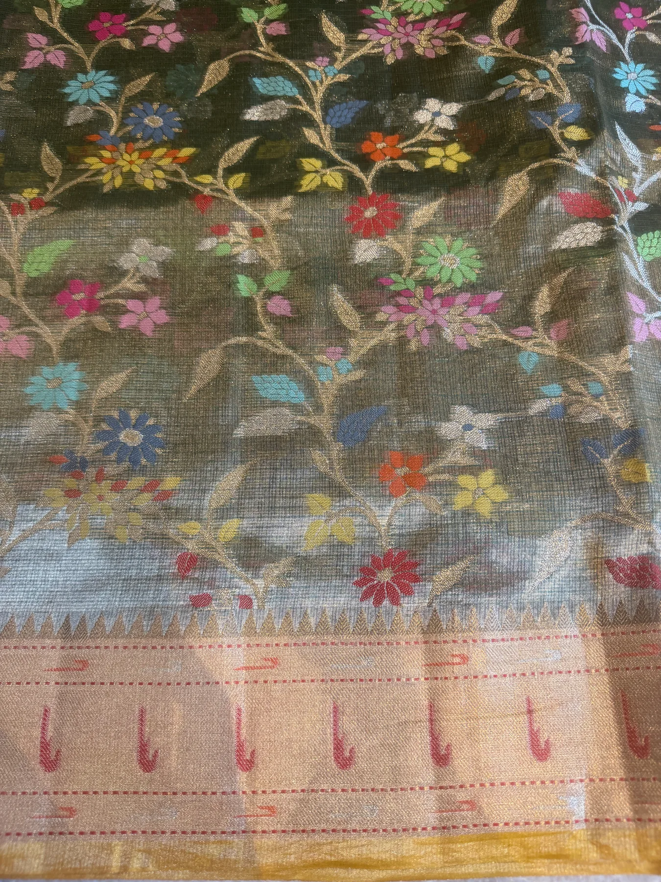 Olive Gold Double Tissue Kota Doria Saree with Muniya Border — Kota Doria, Double Tissue Kota Doria, view 10