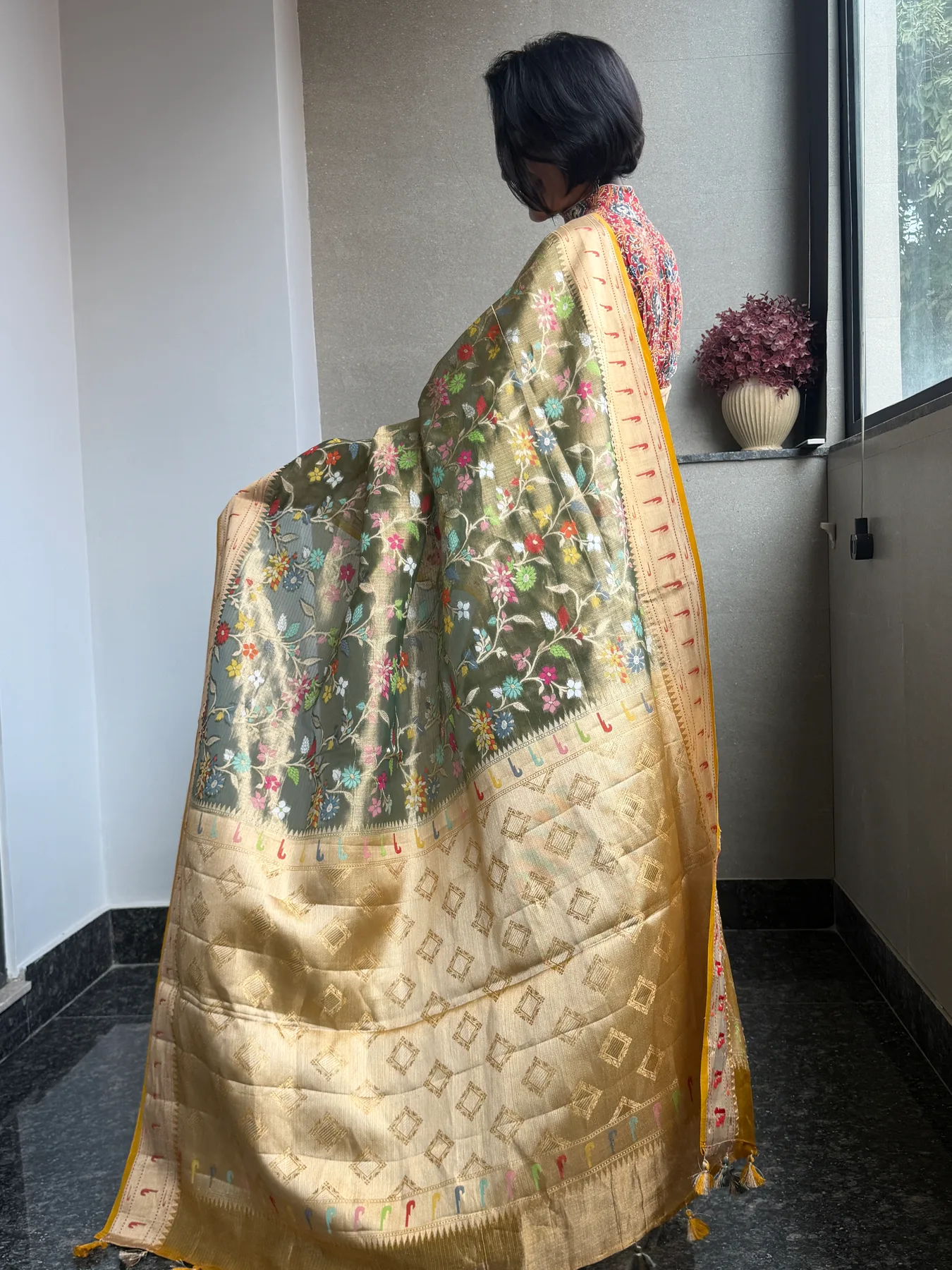 Olive Gold Double Tissue Kota Doria Saree with Muniya Border — Kota Doria, Double Tissue Kota Doria, view 7