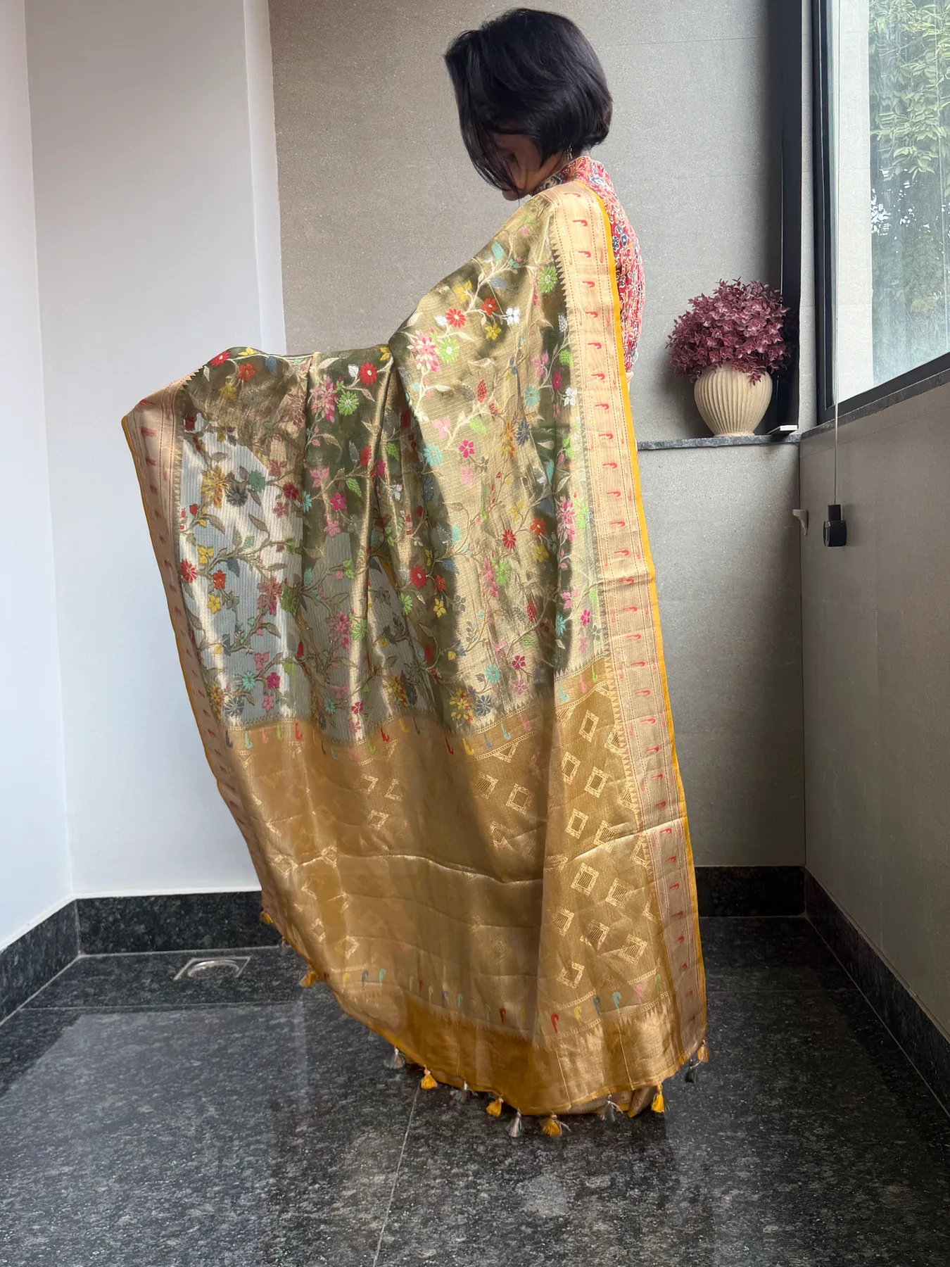 Olive Gold Double Tissue Kota Doria Saree with Muniya Border — Kota Doria, Double Tissue Kota Doria, view 6