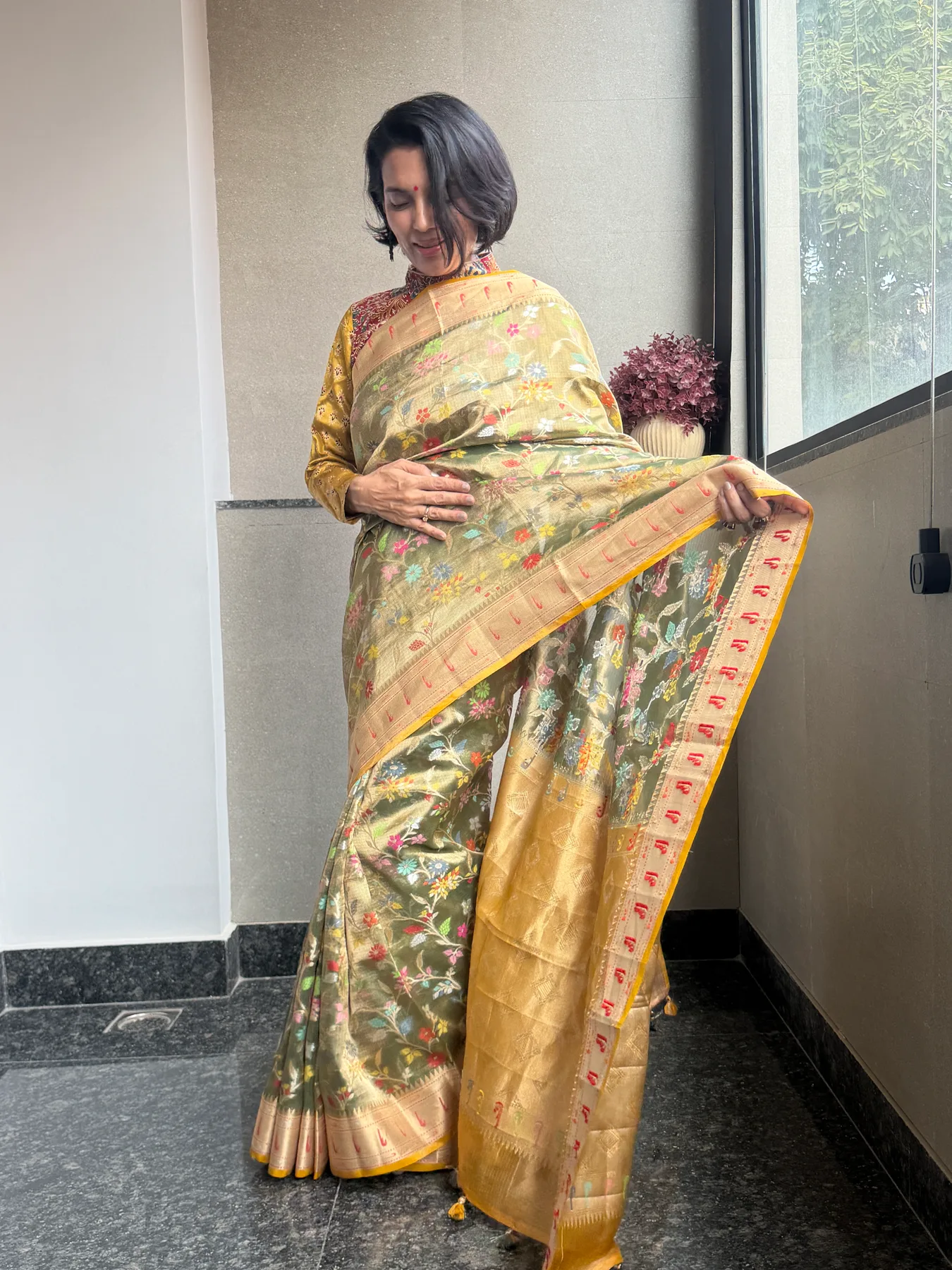 Olive Gold Double Tissue Kota Doria Saree with Muniya Border — Kota Doria, Double Tissue Kota Doria, view 5