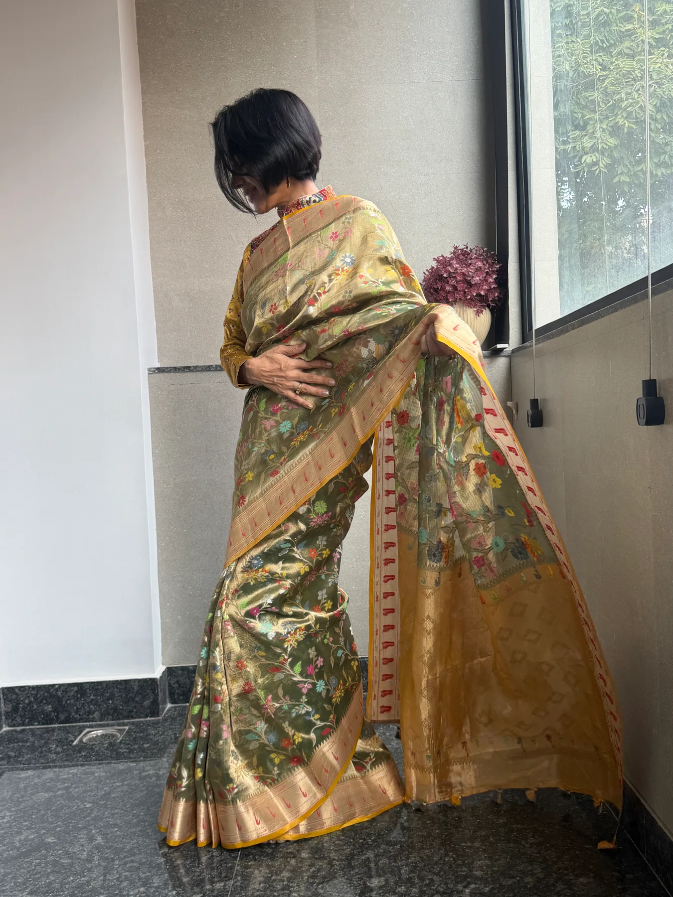 Olive Gold Double Tissue Kota Doria Saree with Muniya Border — Kota Doria, Double Tissue Kota Doria, view 4
