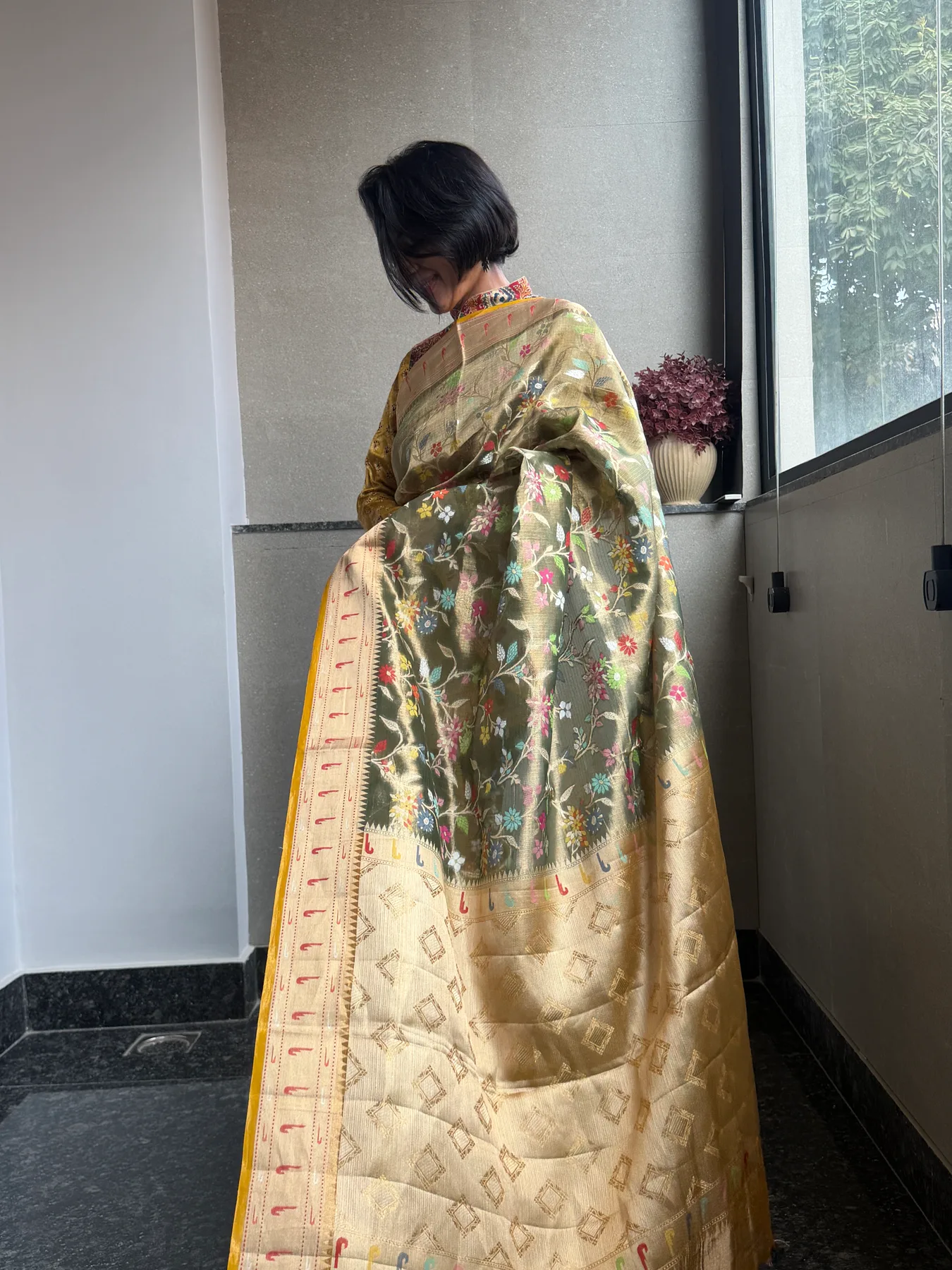 Olive Gold Double Tissue Kota Doria Saree with Muniya Border — Kota Doria, Double Tissue Kota Doria, view 3
