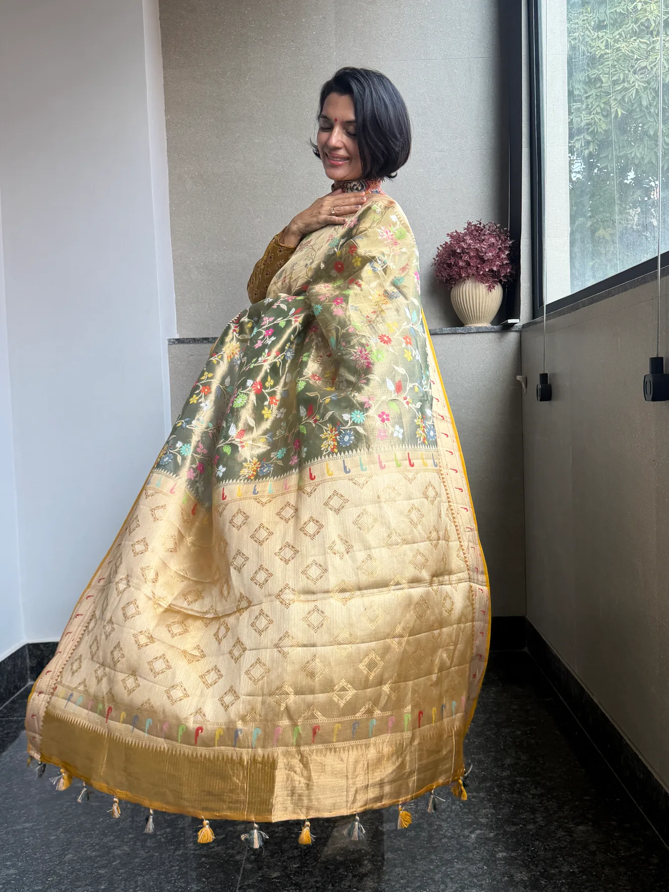 Olive Gold Double Tissue Kota Doria Saree with Muniya Border — Kota Doria, Double Tissue Kota Doria, view 2
