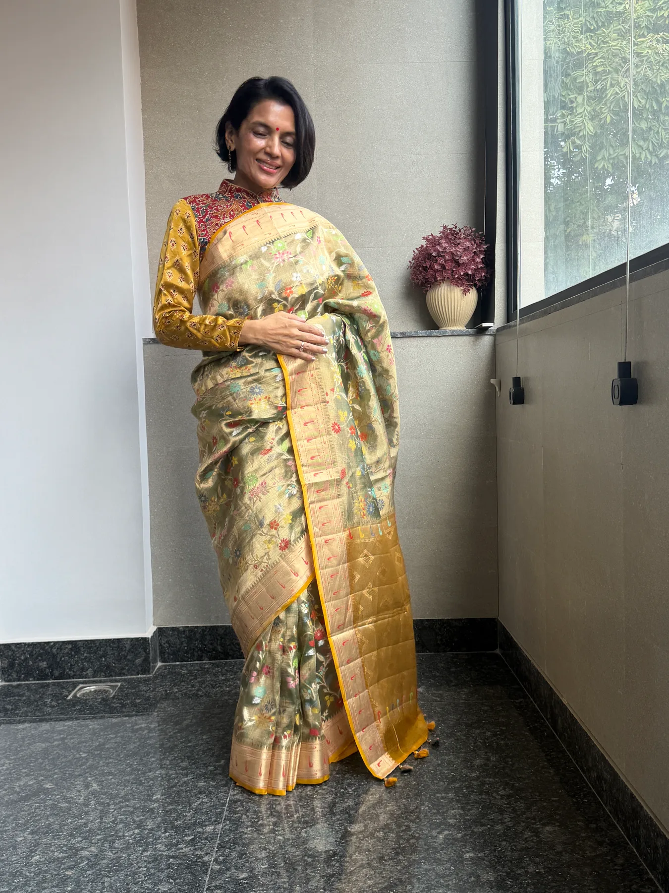 Olive Gold Double Tissue Kota Doria Saree with Muniya Border — Kota Doria, Double Tissue Kota Doria