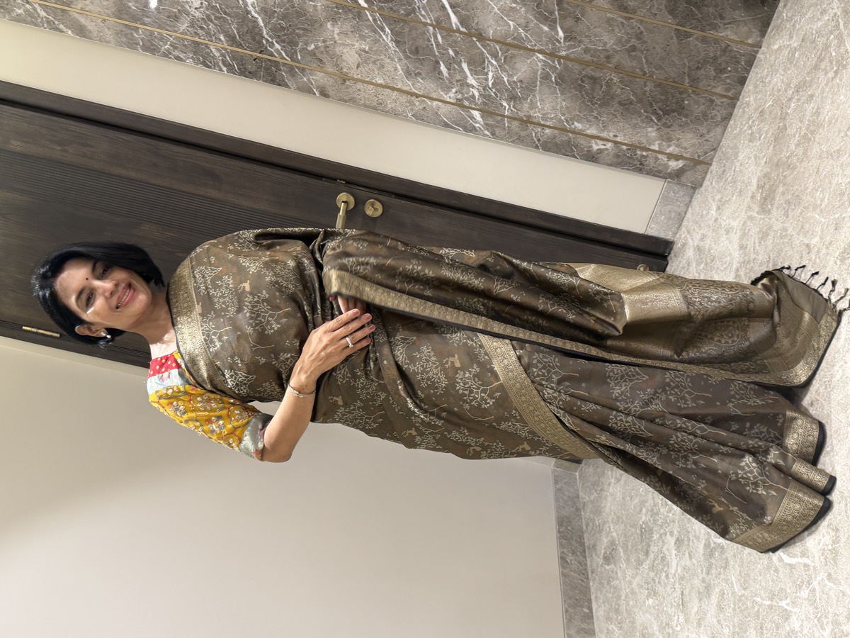 Olive Grey Twill Silk Tanchoi Banarasi Saree — Tree of Life — Banarasi, Twill Silk, Varanasi, Uttar Pradesh, view 4