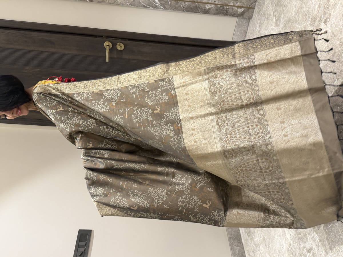 Olive Grey Twill Silk Tanchoi Banarasi Saree — Tree of Life — Banarasi, Twill Silk, Varanasi, Uttar Pradesh, view 7