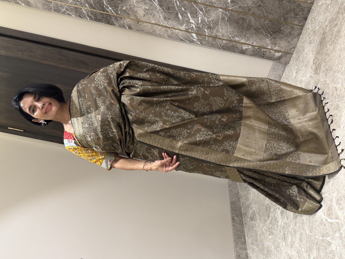 Olive Grey Twill Silk Tanchoi Banarasi Saree — Tree of Life — Banarasi, Twill Silk, Varanasi, Uttar Pradesh