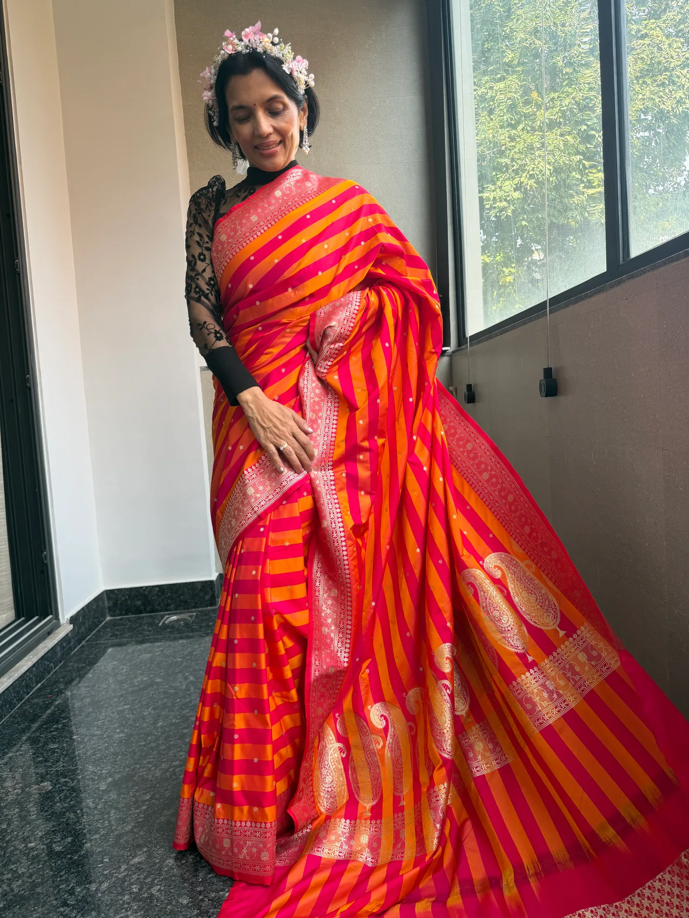 Orange and Pink Striped Mushroo Silk Banarasi Saree with All-Over Zari Blouse — Banarasi, Mushroo Silk, view 3