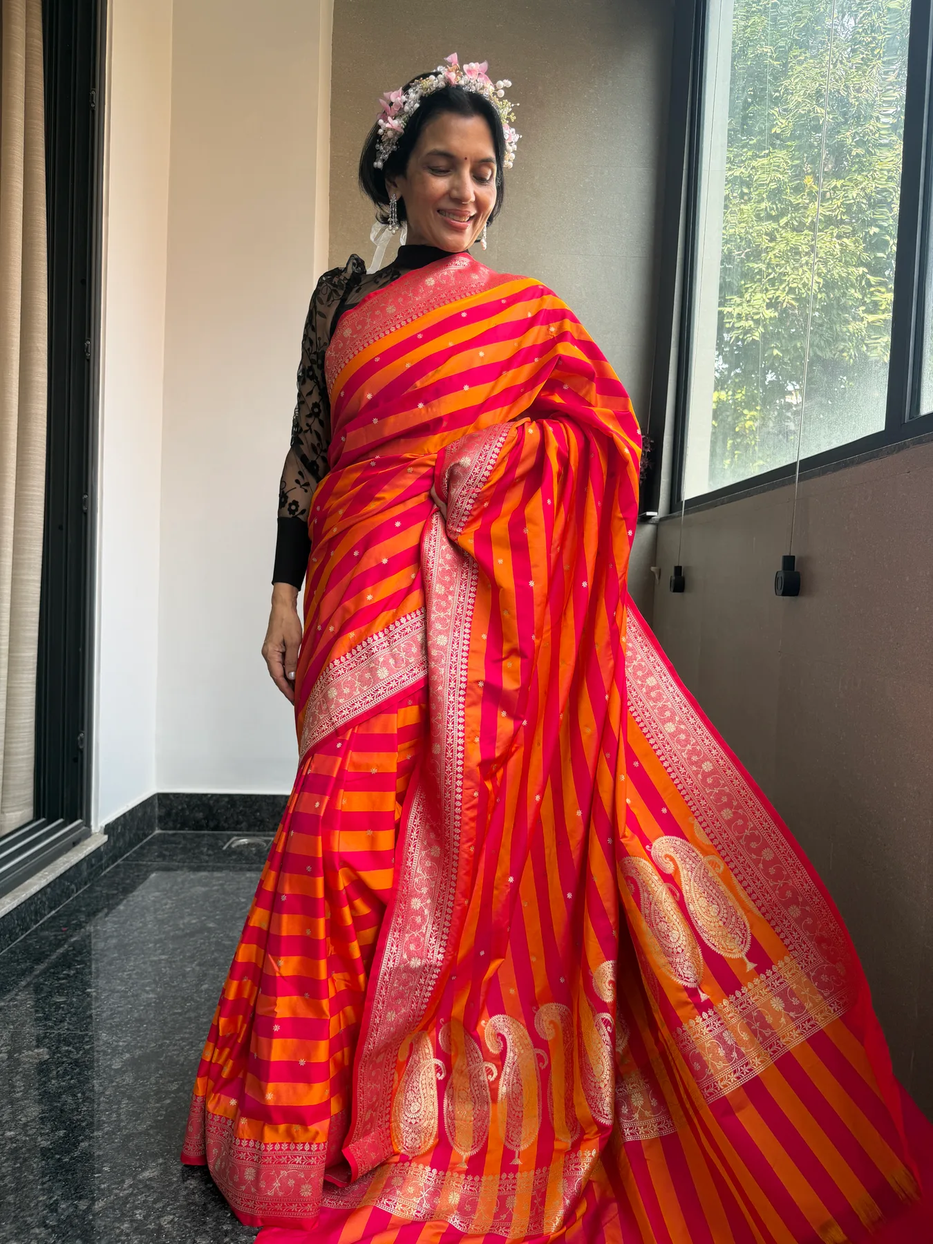Orange and Pink Striped Mushroo Silk Banarasi Saree with All-Over Zari Blouse — Banarasi, Mushroo Silk, view 2
