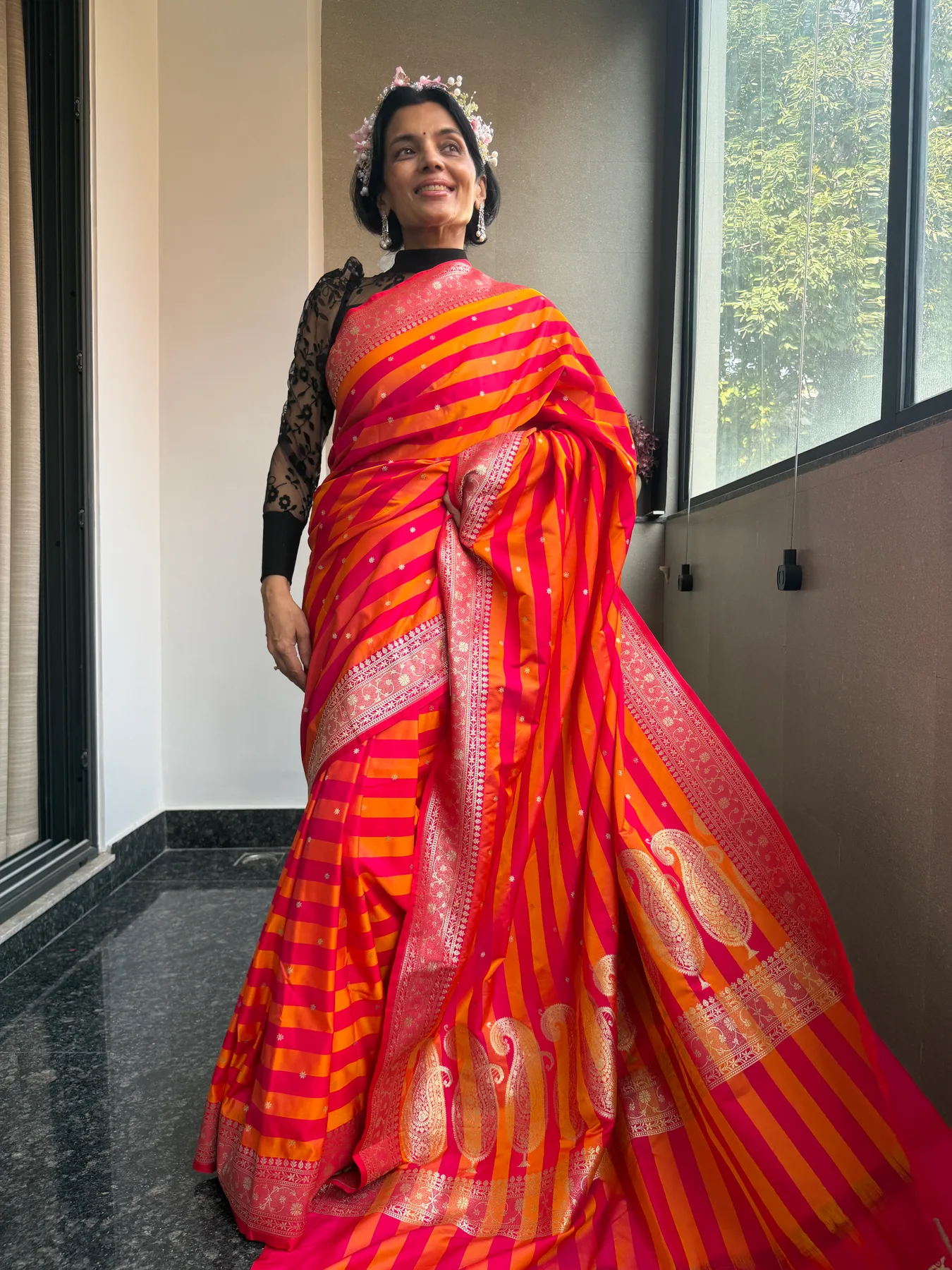 Orange and Pink Striped Mushroo Silk Banarasi Saree with All-Over Zari Blouse — Banarasi, Mushroo Silk