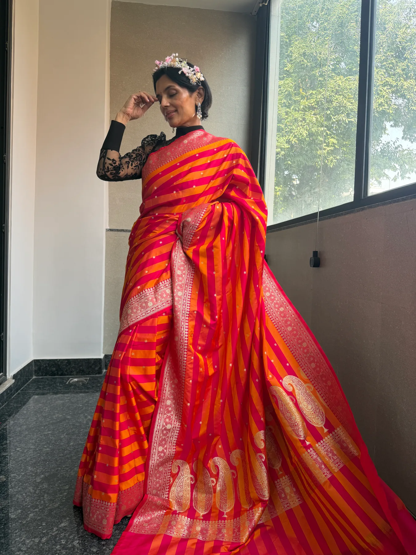 Orange and Pink Striped Mushroo Silk Banarasi Saree with All-Over Zari Blouse — Banarasi, Mushroo Silk, view 5