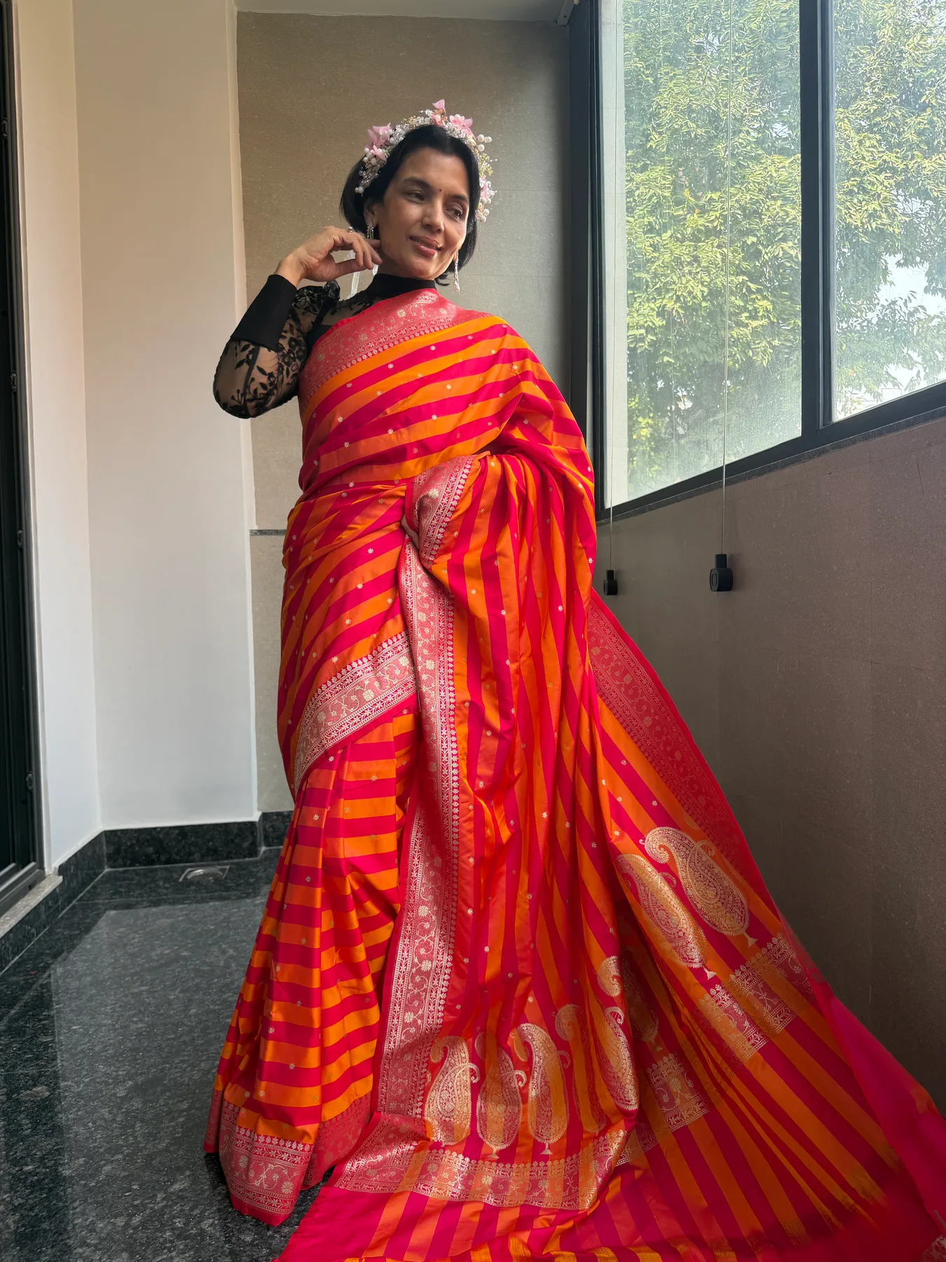 Orange and Pink Striped Mushroo Silk Banarasi Saree with All-Over Zari Blouse — Banarasi, Mushroo Silk, view 4