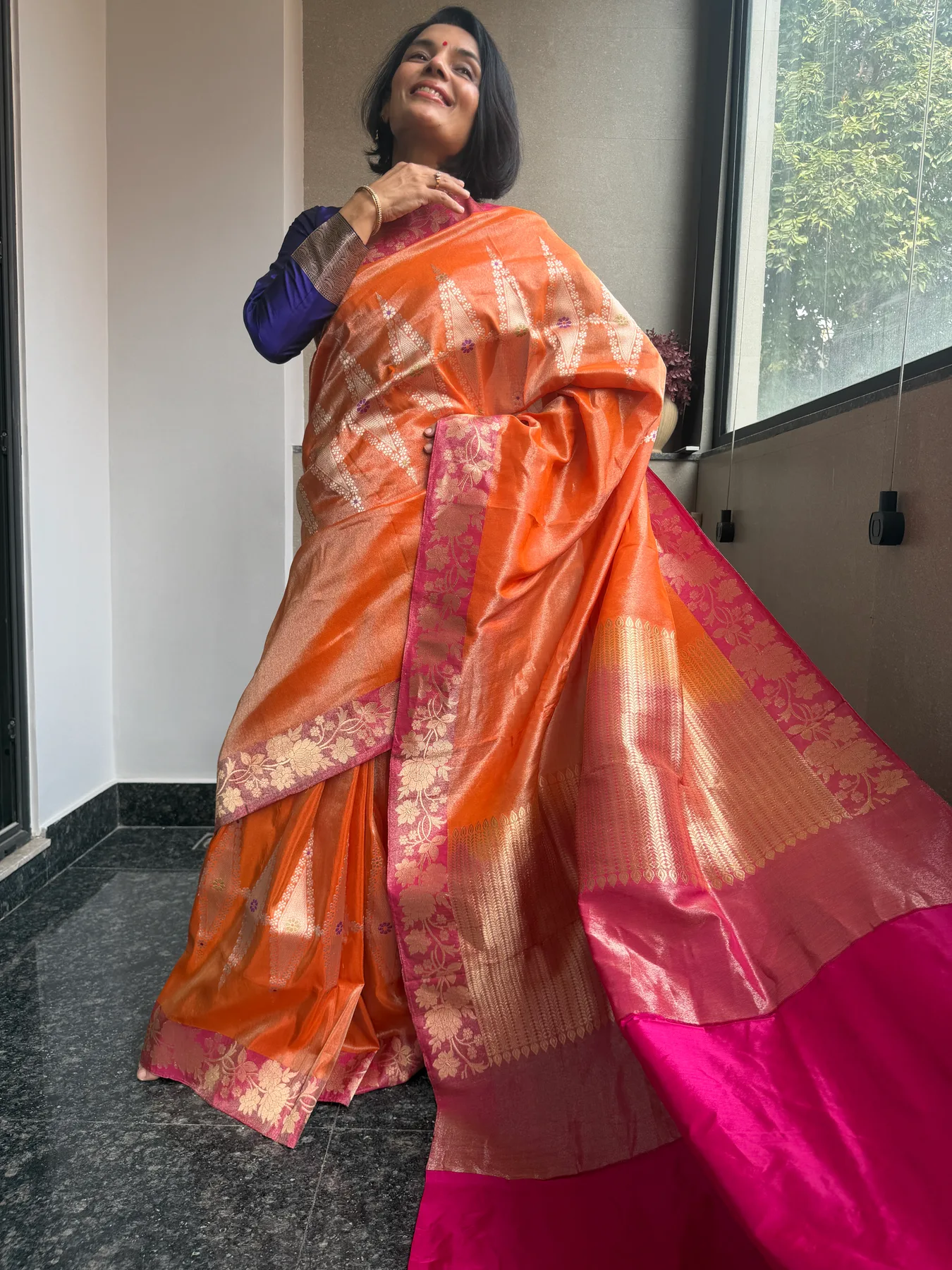 Orange Tissue Kora Silk Kaduwa Meenakari Banarasi Saree with Kadiyal Contrast Border — Banarasi, Tissue Kora Silk, view 3