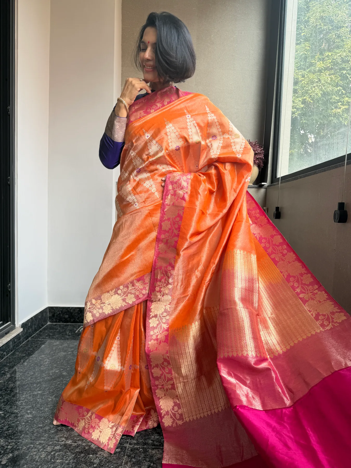 Orange Tissue Kora Silk Kaduwa Meenakari Banarasi Saree with Kadiyal Contrast Border — Banarasi, Tissue Kora Silk, view 4