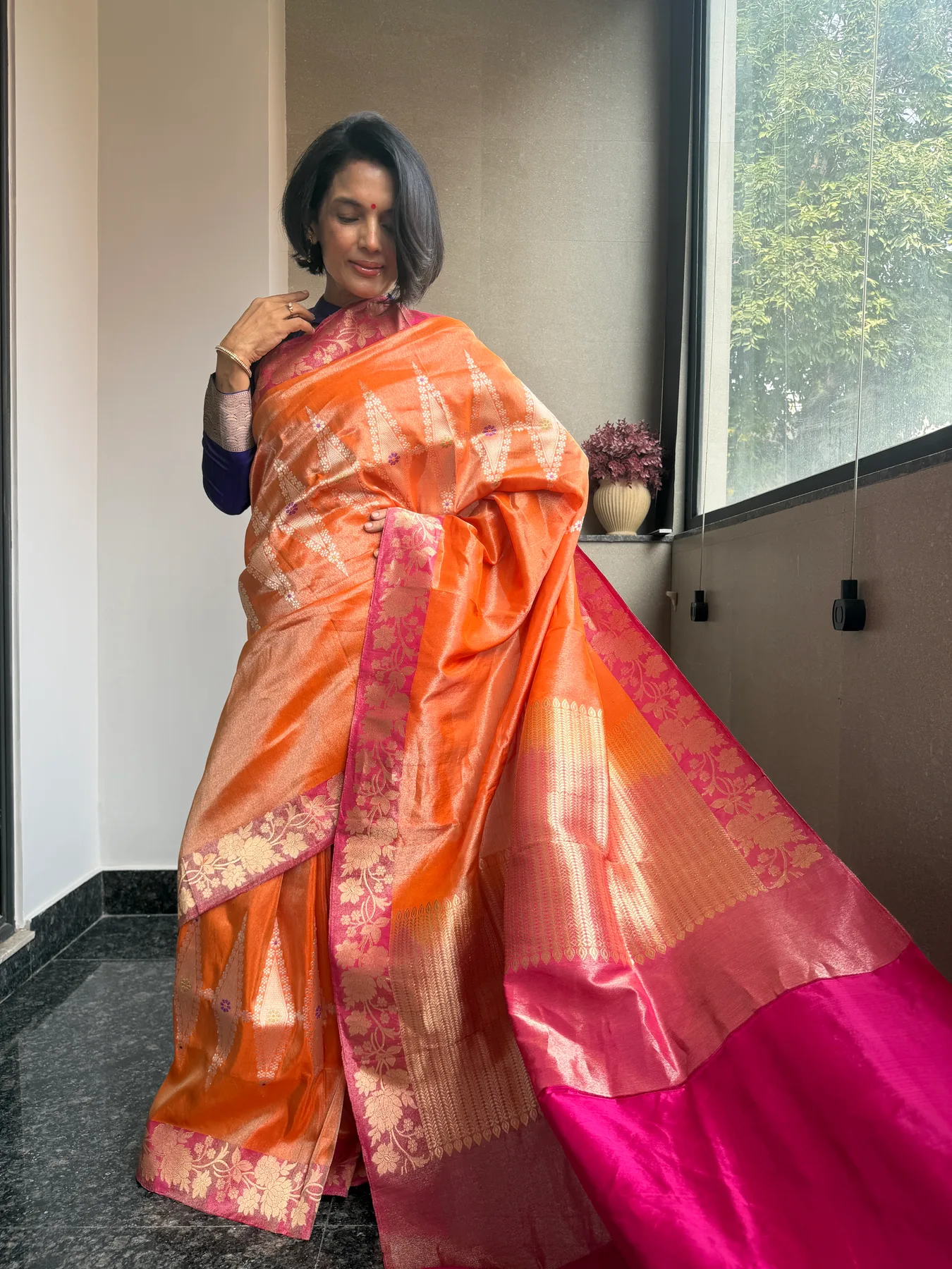 Orange Tissue Kora Silk Kaduwa Meenakari Banarasi Saree with Kadiyal Contrast Border — Banarasi, Tissue Kora Silk, view 5