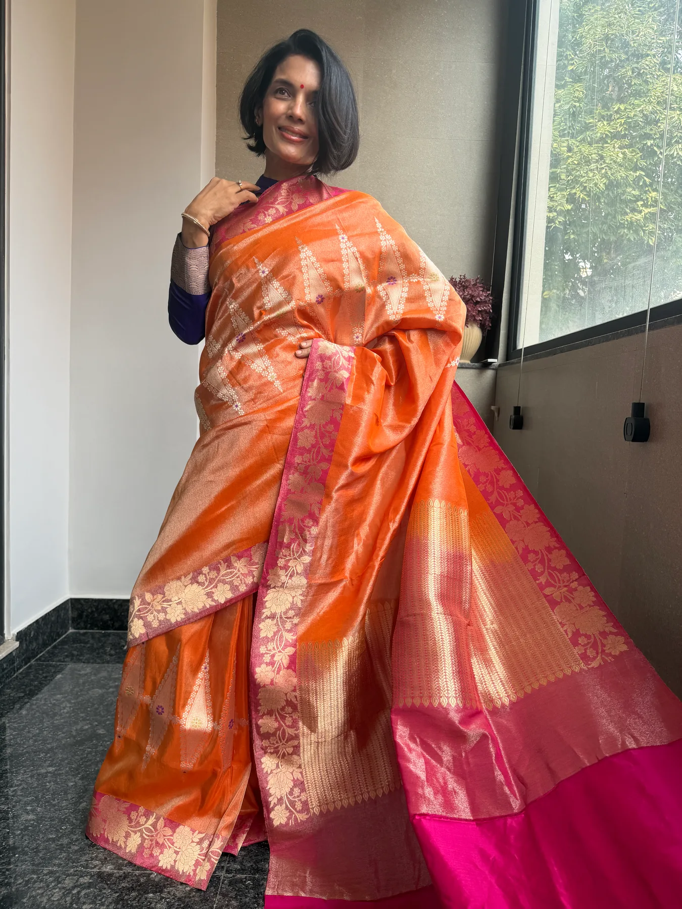 Orange Tissue Kora Silk Kaduwa Meenakari Banarasi Saree with Kadiyal Contrast Border — Banarasi, Tissue Kora Silk