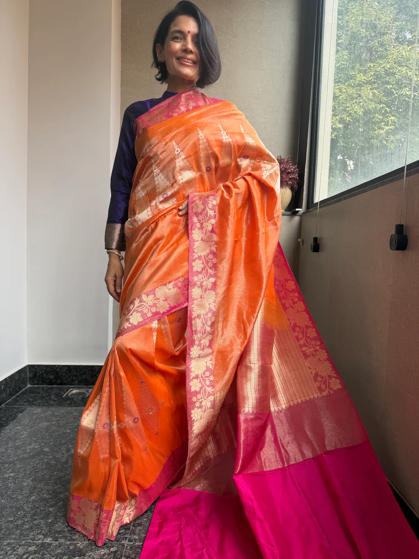 Orange Tissue Kora Silk Kaduwa Meenakari Banarasi Saree with Kadiyal Contrast Border — Banarasi, Tissue Kora Silk, view 2