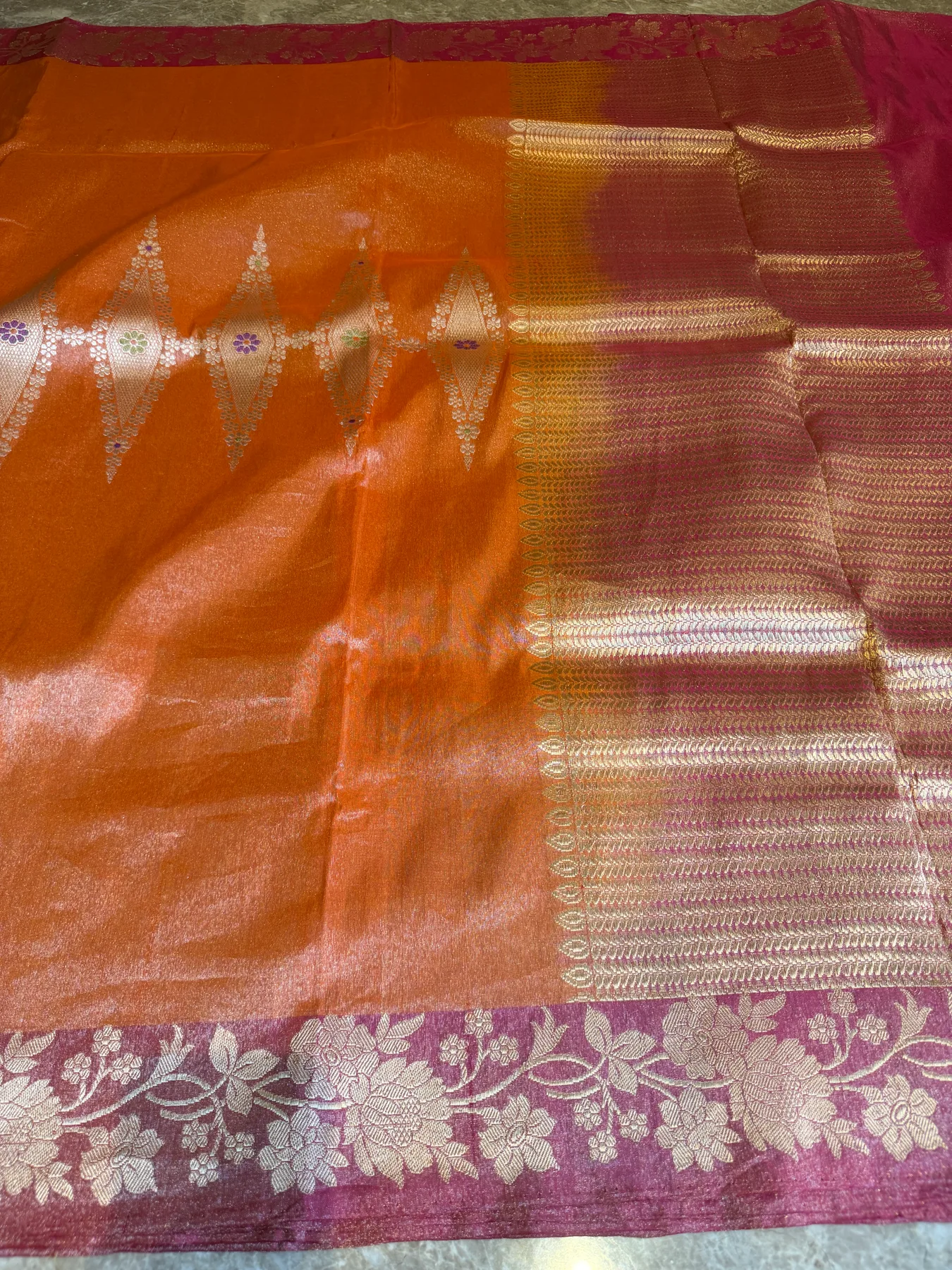 Orange Tissue Kora Silk Kaduwa Meenakari Banarasi Saree with Kadiyal Contrast Border — Banarasi, Tissue Kora Silk, view 7