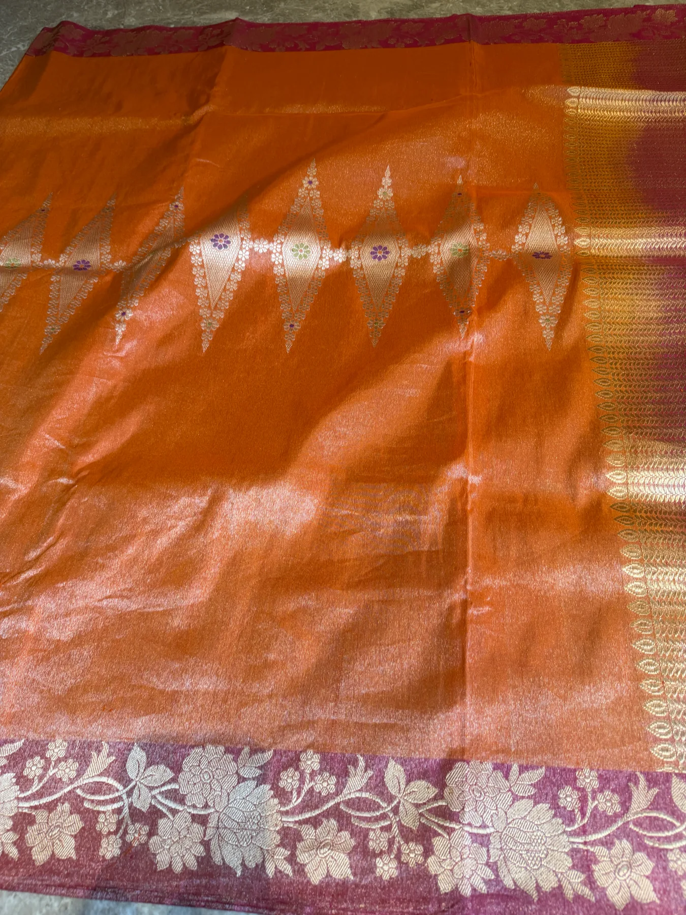 Orange Tissue Kora Silk Kaduwa Meenakari Banarasi Saree with Kadiyal Contrast Border — Banarasi, Tissue Kora Silk, view 6
