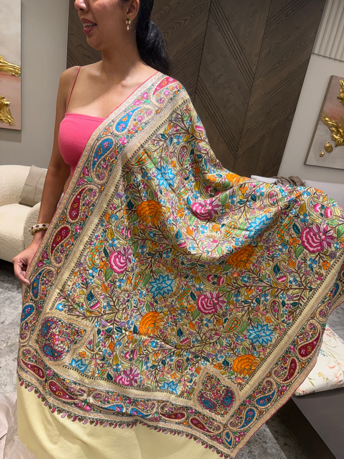 Ladies Pure Pashmina Chashme Bulbul Hand Embroidered Shawl with Tilla Koniyas — Hand Woven, Pure Pashmina, Kashmir, view 2