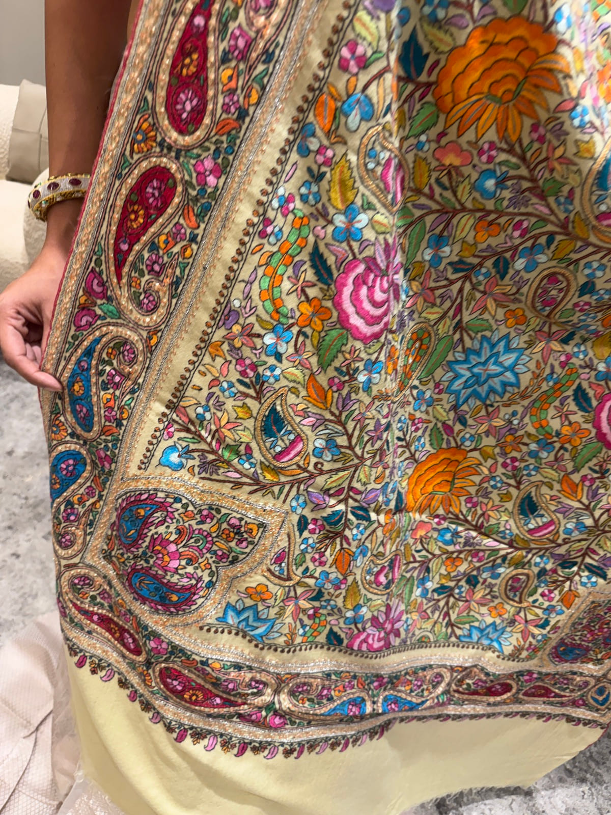 Ladies Pure Pashmina Chashme Bulbul Hand Embroidered Shawl with Tilla Koniyas — Hand Woven, Pure Pashmina, Kashmir, view 3
