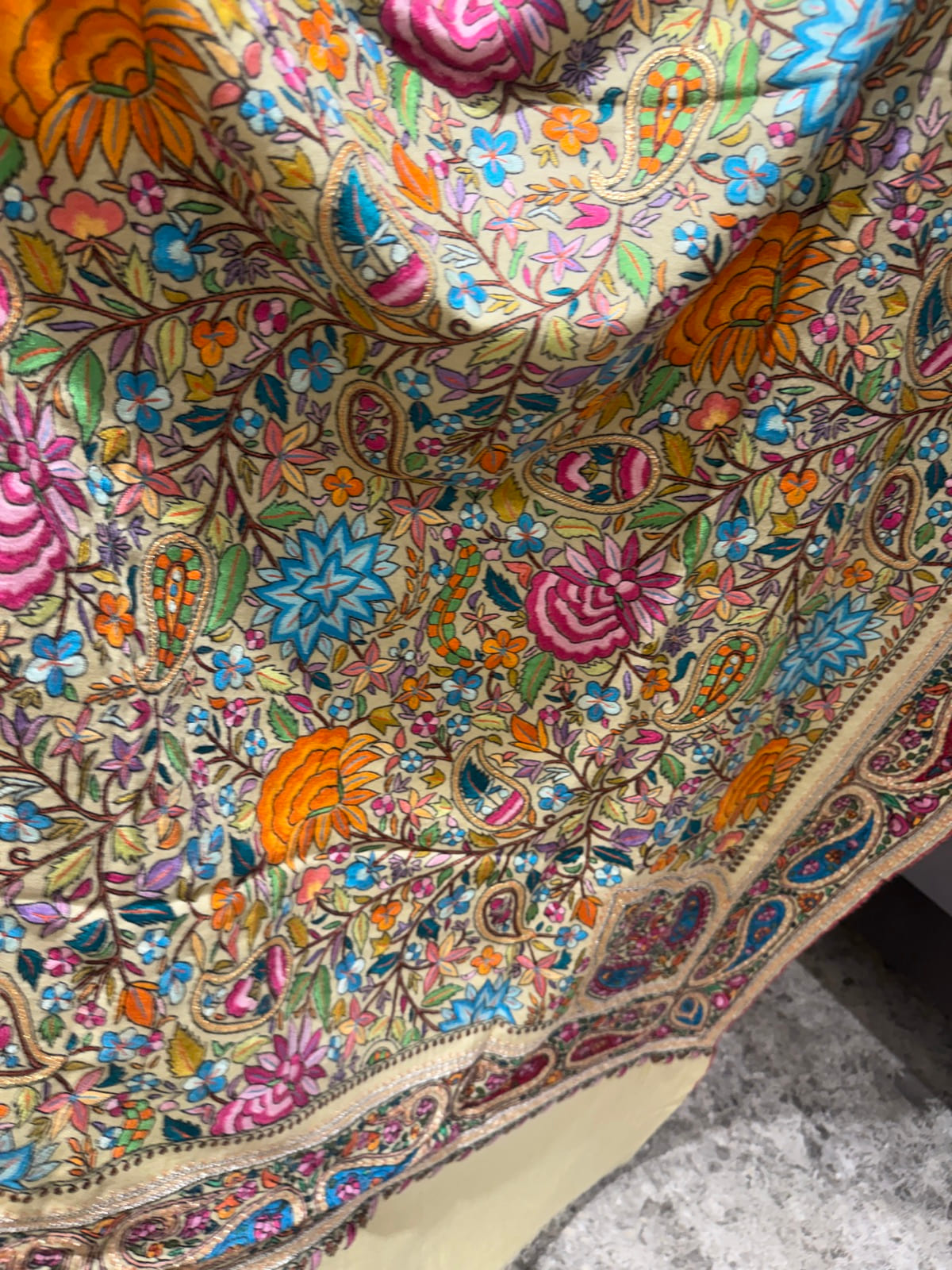 Ladies Pure Pashmina Chashme Bulbul Hand Embroidered Shawl with Tilla Koniyas — Hand Woven, Pure Pashmina, Kashmir, view 5