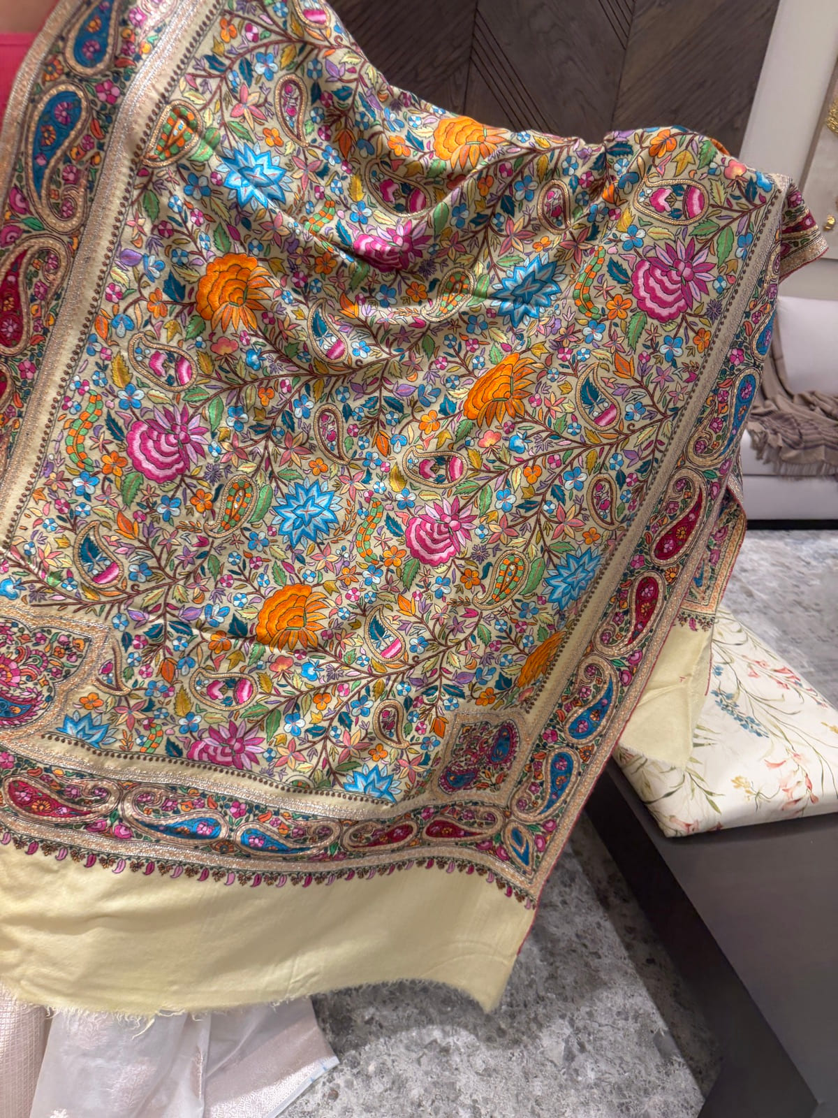 Ladies Pure Pashmina Chashme Bulbul Hand Embroidered Shawl with Tilla Koniyas — Hand Woven, Pure Pashmina, Kashmir, view 6