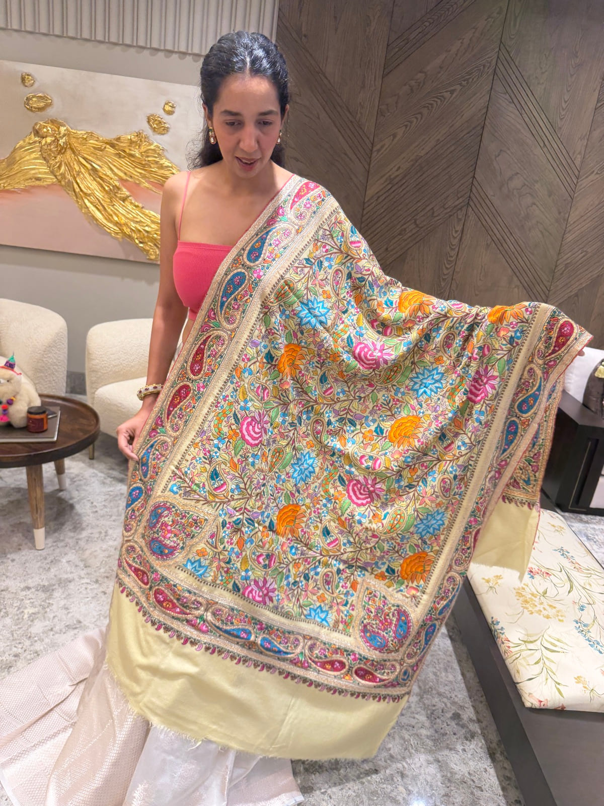 Ladies Pure Pashmina Chashme Bulbul Hand Embroidered Shawl with Tilla Koniyas — Hand Woven, Pure Pashmina, Kashmir, view 7