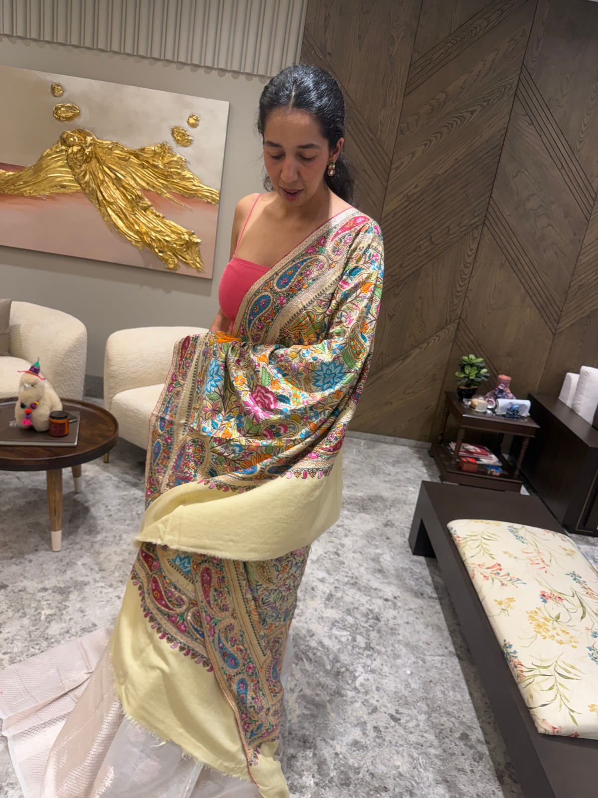 Ladies Pure Pashmina Chashme Bulbul Hand Embroidered Shawl with Tilla Koniyas — Hand Woven, Pure Pashmina, Kashmir, view 8