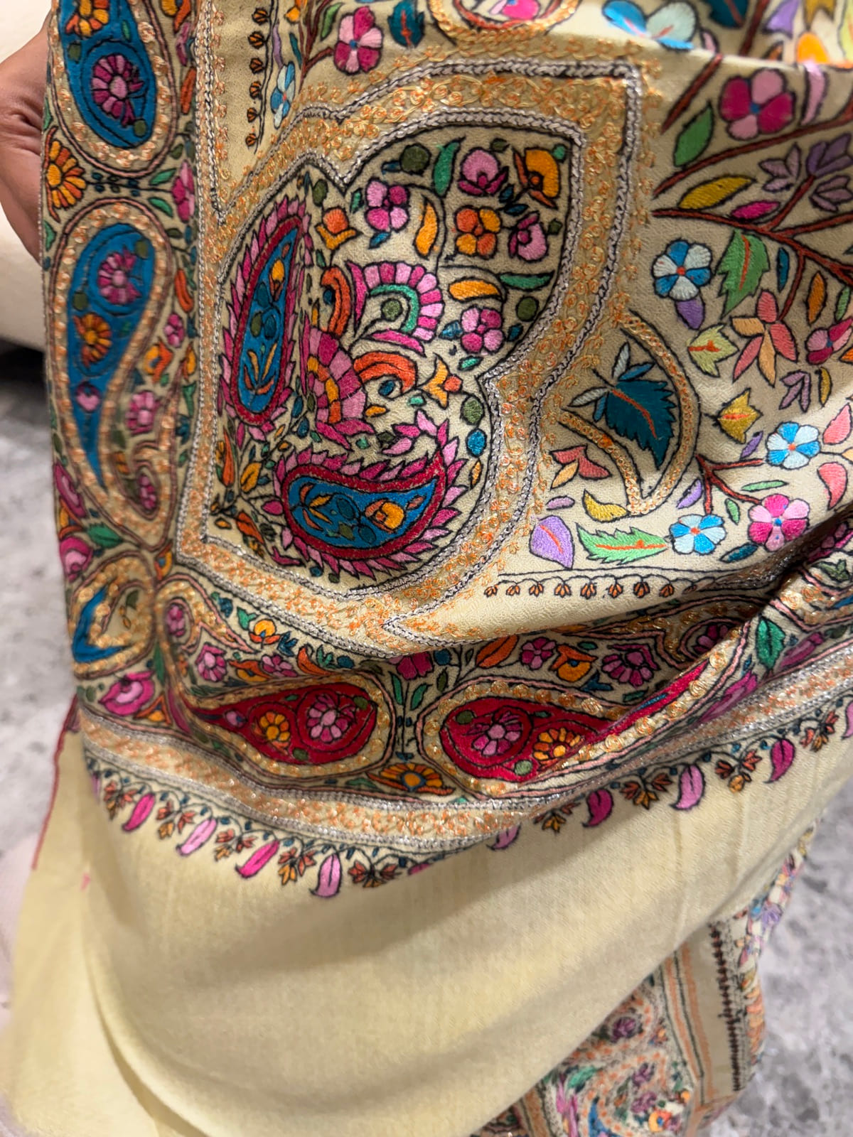 Ladies Pure Pashmina Chashme Bulbul Hand Embroidered Shawl with Tilla Koniyas — Hand Woven, Pure Pashmina, Kashmir, view 9
