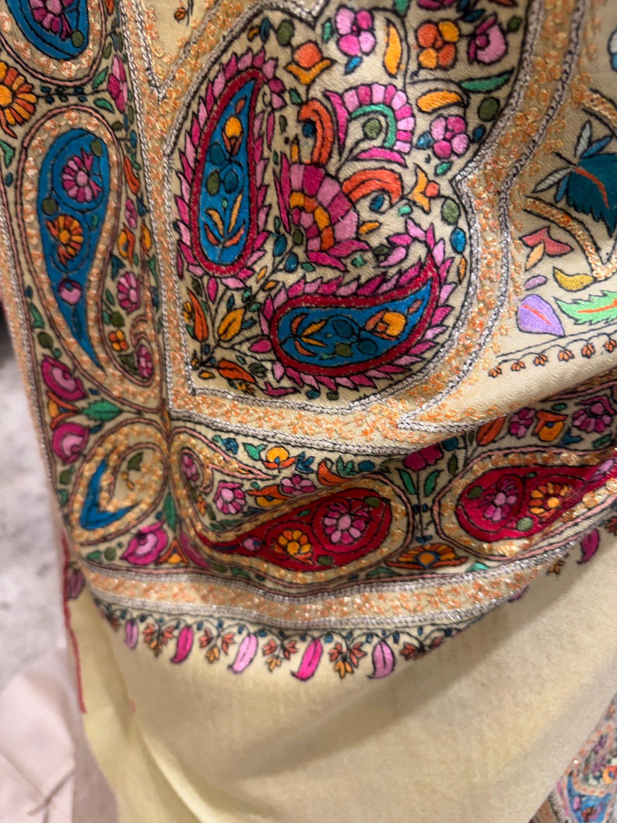 Ladies Pure Pashmina Chashme Bulbul Hand Embroidered Shawl with Tilla Koniyas — Hand Woven, Pure Pashmina, Kashmir, view 10
