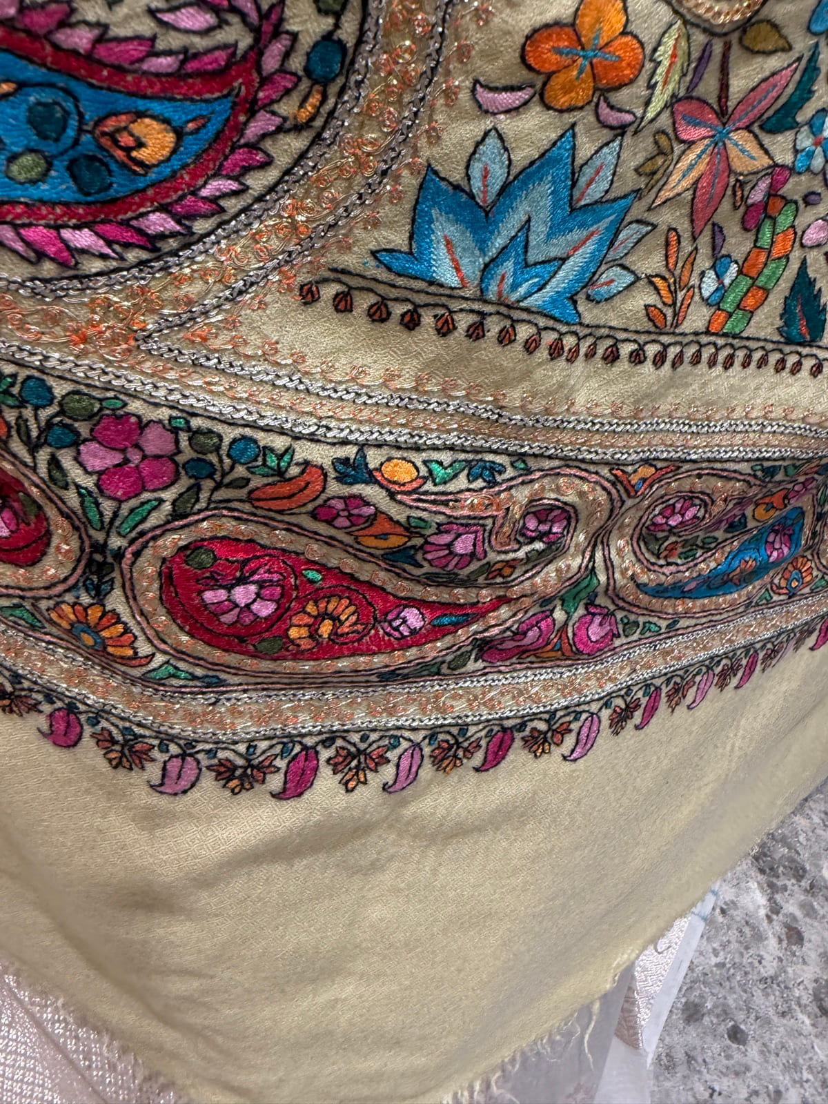 Ladies Pure Pashmina Chashme Bulbul Hand Embroidered Shawl with Tilla Koniyas — Hand Woven, Pure Pashmina, Kashmir, view 12