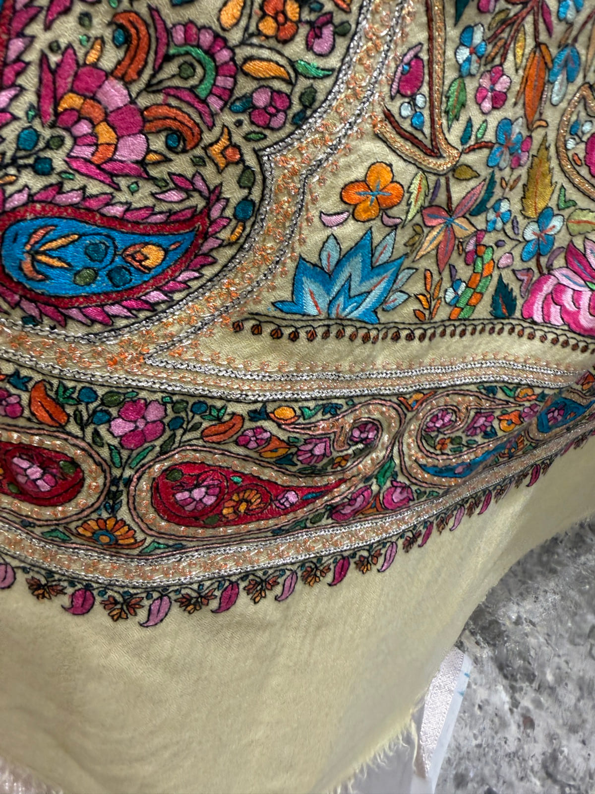 Ladies Pure Pashmina Chashme Bulbul Hand Embroidered Shawl with Tilla Koniyas — Hand Woven, Pure Pashmina, Kashmir, view 13