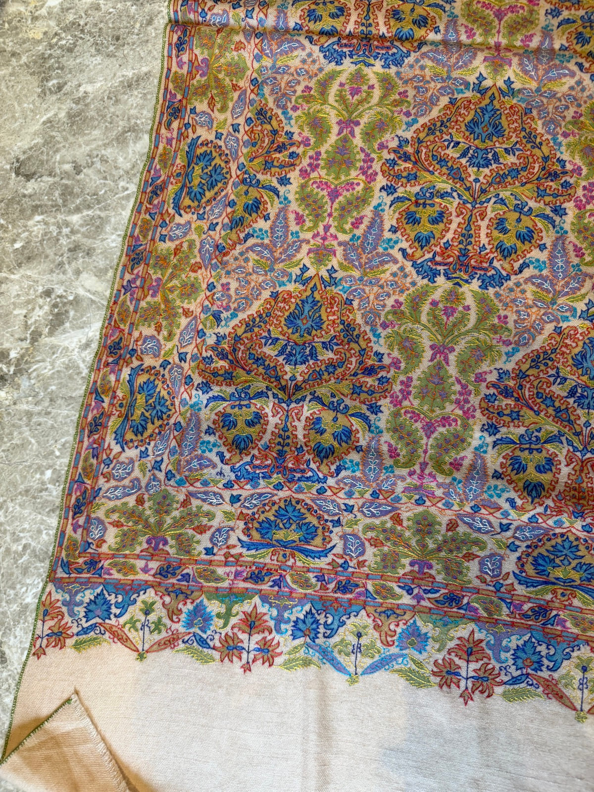 Men's Pure Pashmina Hand-Painted Kalamkari Shawl with Sozni Needlework — Pure Pashmina, Kashmir, view 4