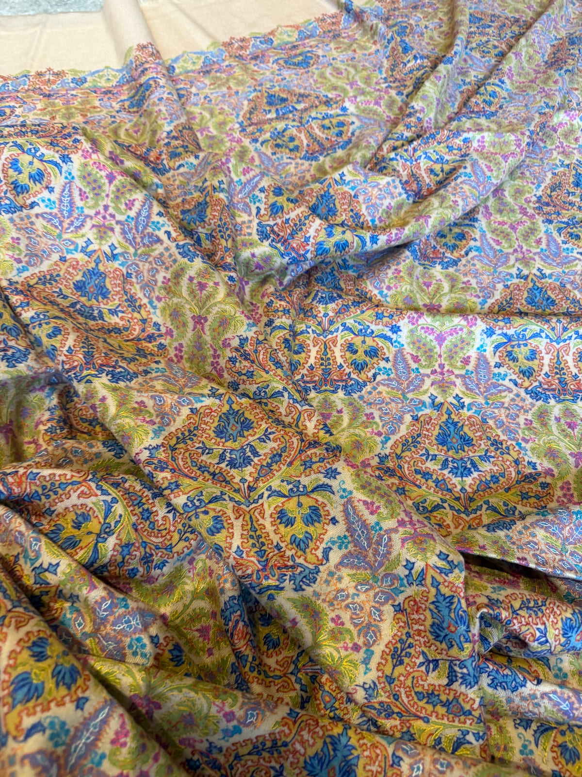 Men's Pure Pashmina Hand-Painted Kalamkari Shawl with Sozni Needlework — Pure Pashmina, Kashmir, view 7