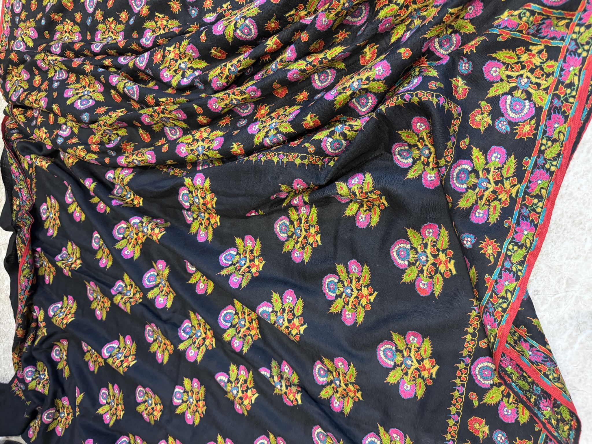 Black Pure Pashmina Hand Embroidered Sozni Saree — Embroidered, Pashmina, Kashmir, view 9