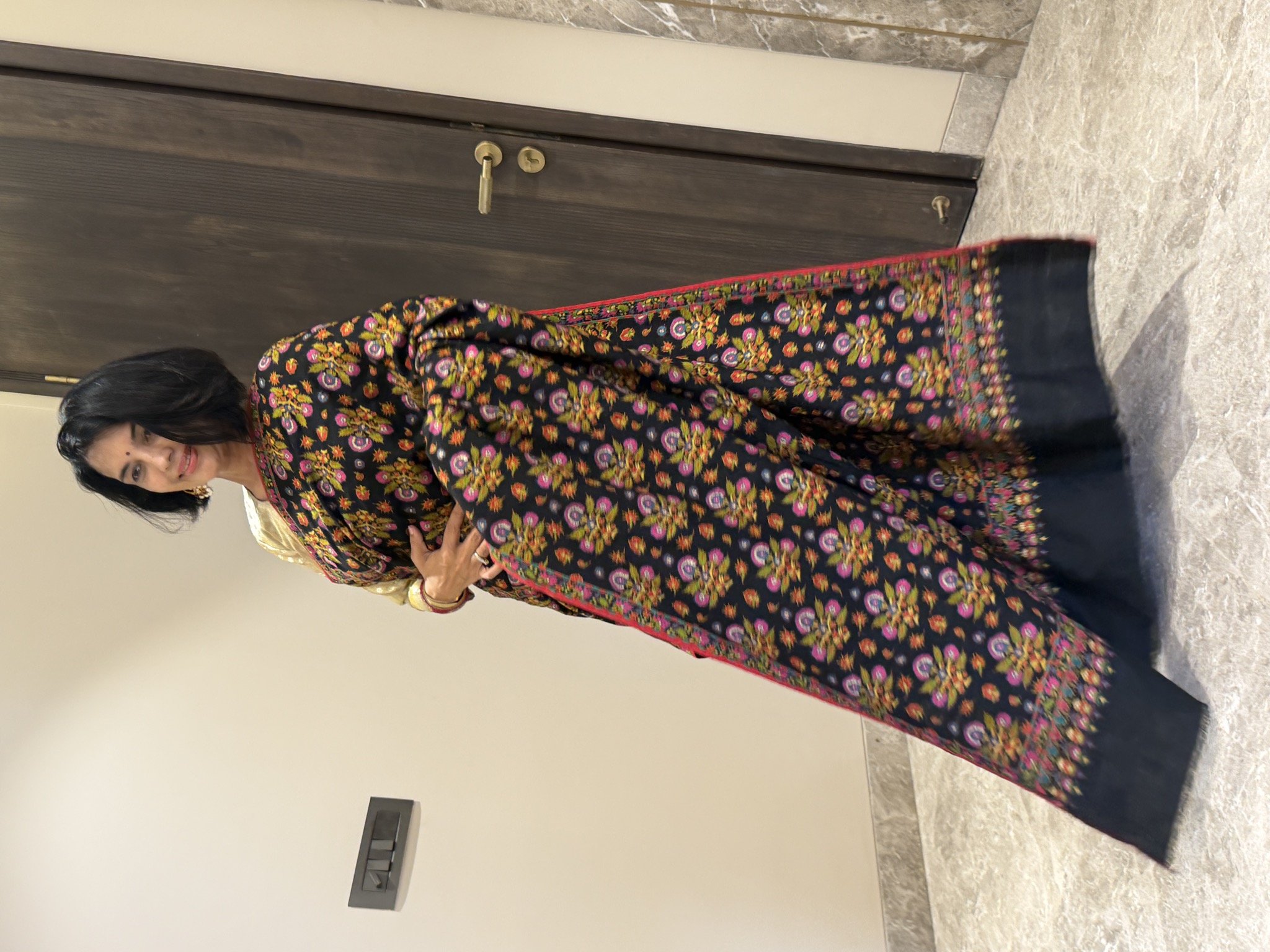 Black Pure Pashmina Hand Embroidered Sozni Saree — Embroidered, Pashmina, Kashmir, view 2