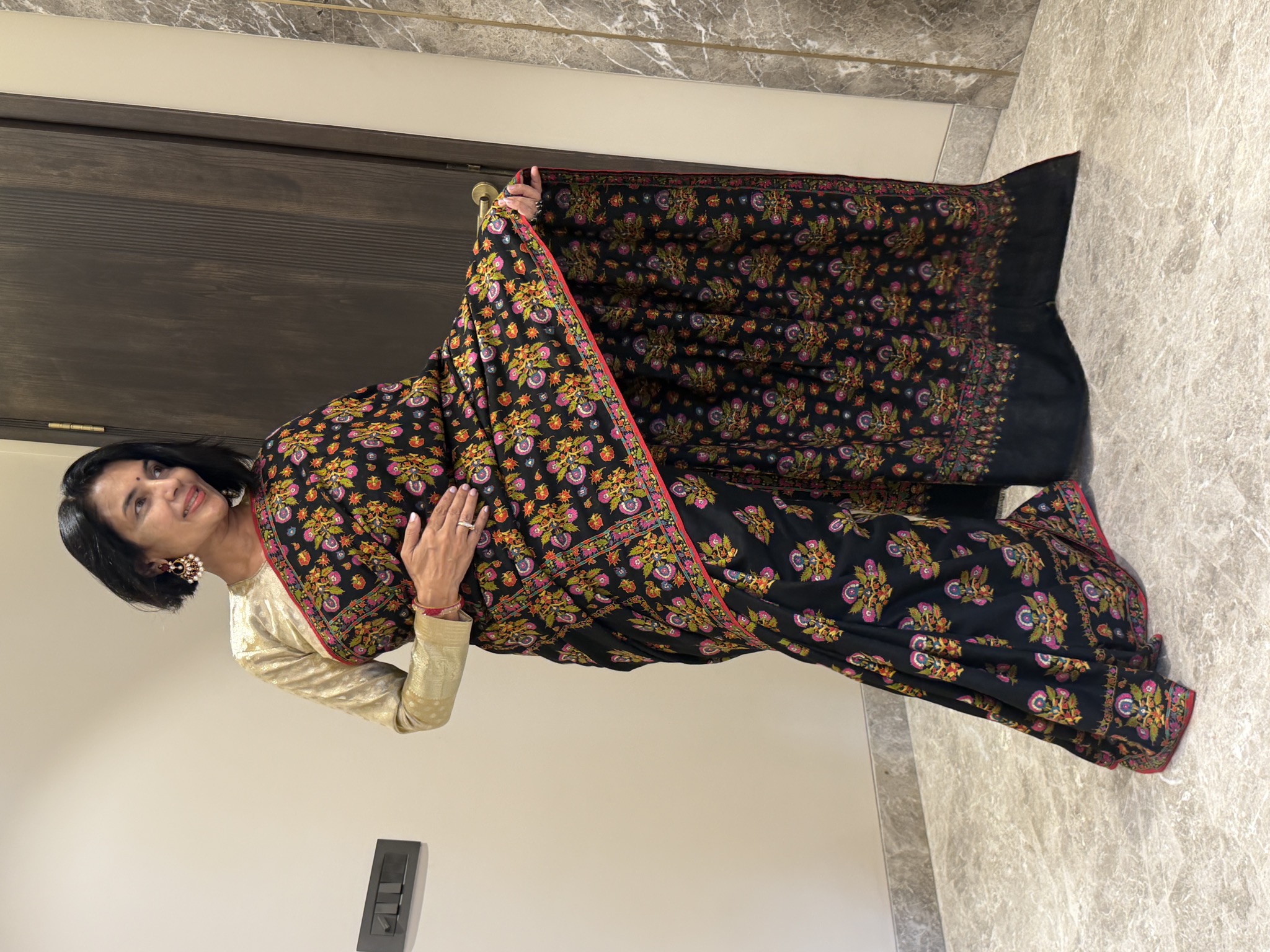 Black Pure Pashmina Hand Embroidered Sozni Saree — Embroidered, Pashmina, Kashmir, view 3