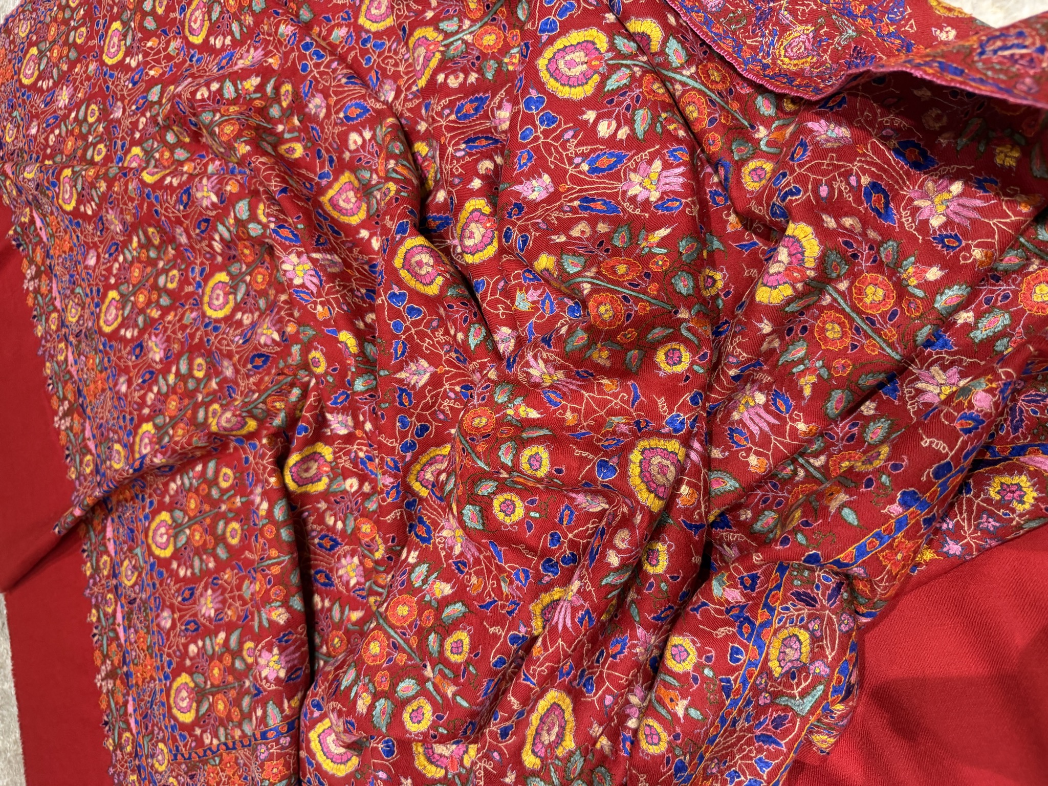 Pure Pashmina Hand Embroidered Sozni Shawl in Crimson — Pashmina, Kashmir, view 4